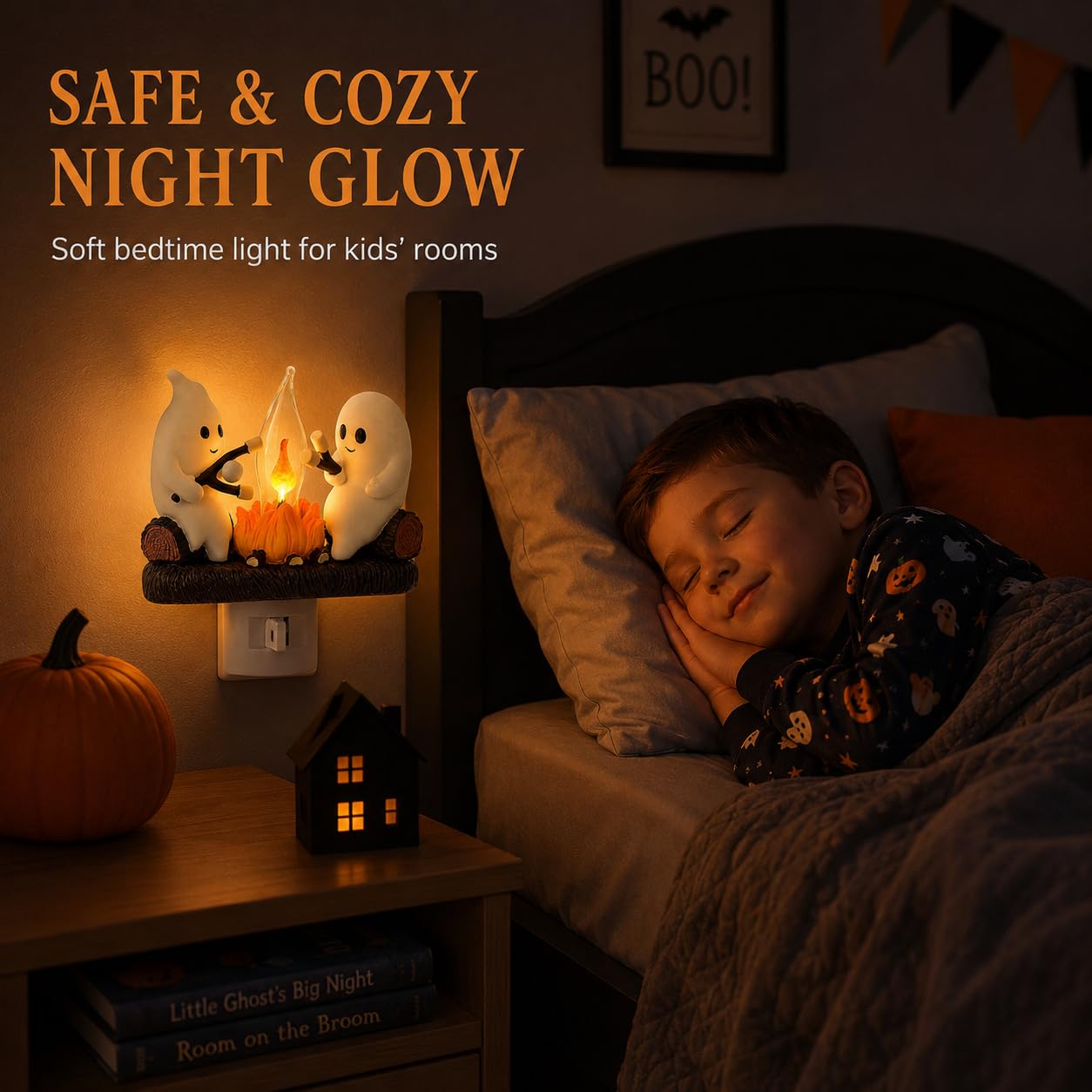 MXXT Ghost Campfire Night Light, Plug-in Wall Flickering Flame Nightlight, Halloween 3D Cute Spooky Marshmallow Ghost Decoration for Bedroom, Spooky