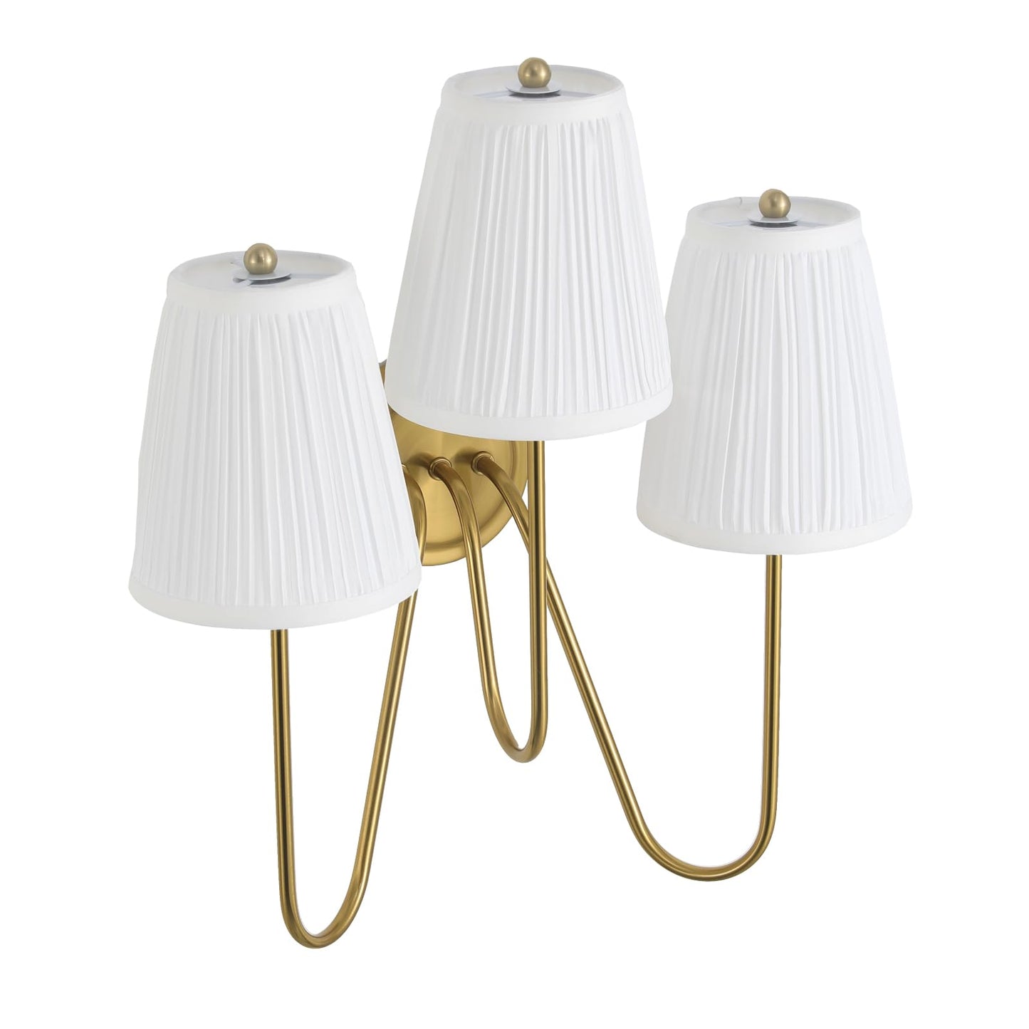 Electro bp; Elegant Triple Sconce Polished Gold Curved Metal Arm with Warm White Pleated Fabric Lamp Shades Brocade Cover Wall Light Fixture,E12,3