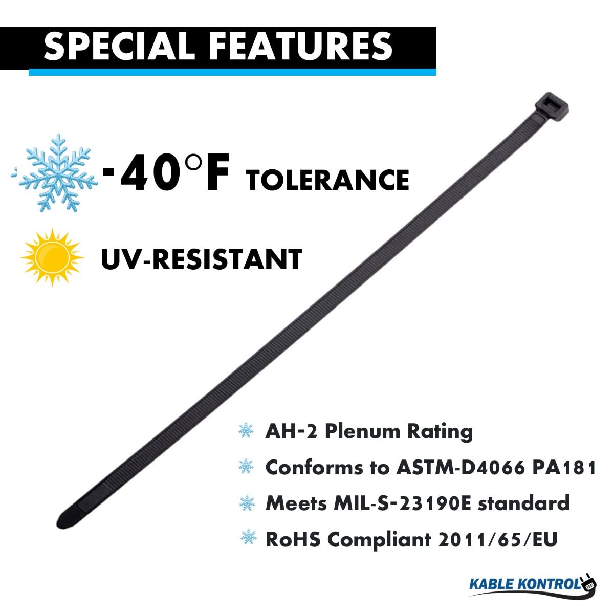 Kable Kontrol Cold Weather Cable Zip Ties 100 Pcs 11 Inch Black, 50 Lbs Tensile Strength, Self-locking UV Resistant Nylon Wire Ties, Up to -40°F