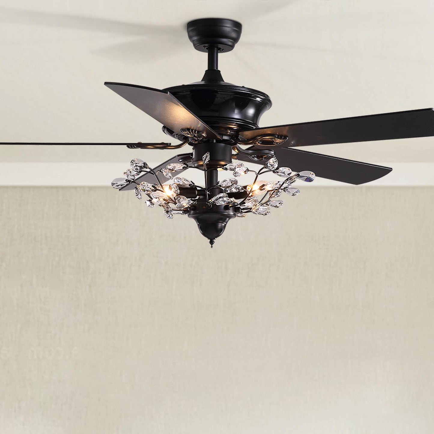 MOOONICHE 50" Crystal Ceiling Fan with Lights and Remote, Black Vintage Chandelier Fan Light with Wood Blades, Reversible Motor, 6-Speed, Timer, Retro