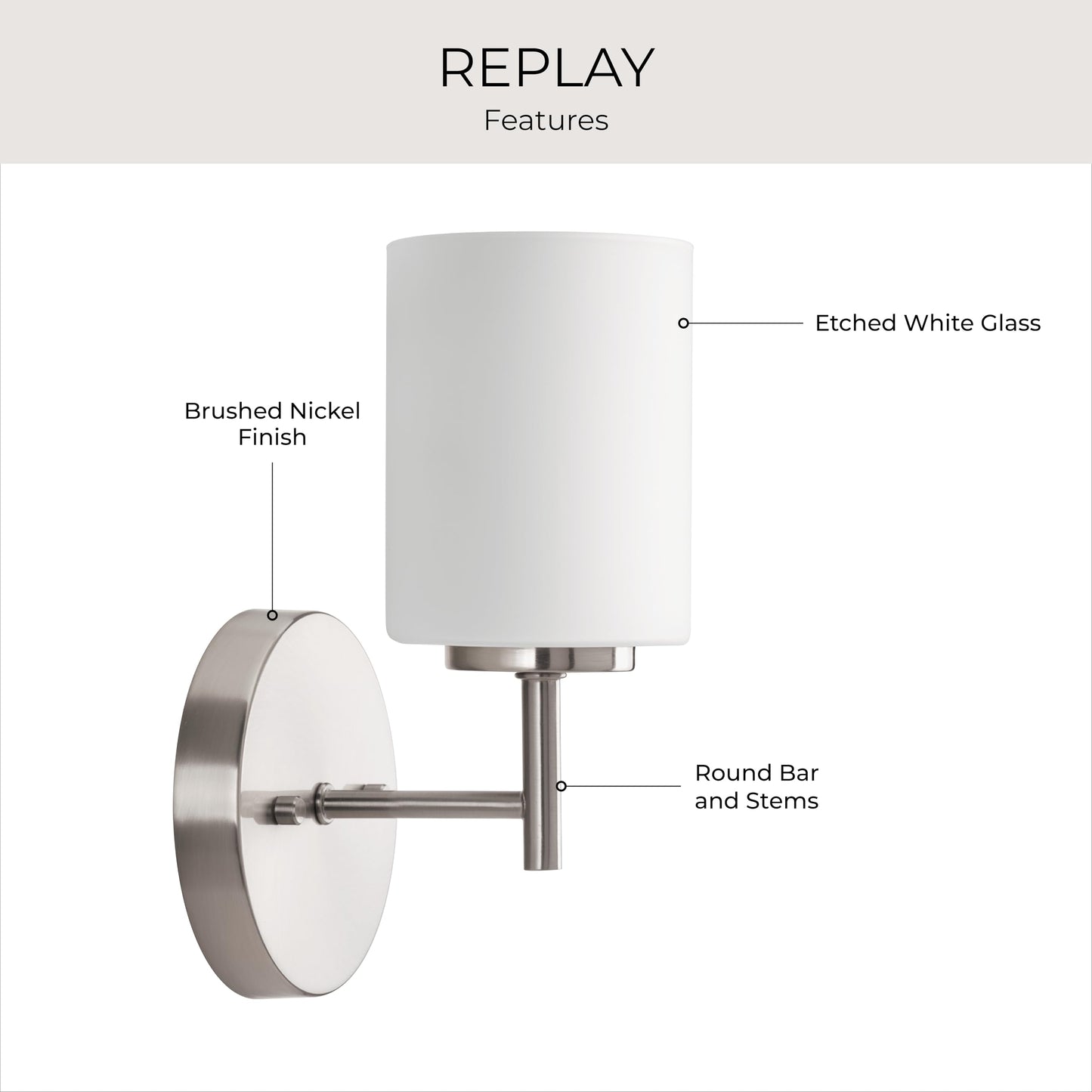 Progress Lighting Replay Collection 1-Light Etched White Glass Modern Bath Vanity Light Brushed Nickel, E26