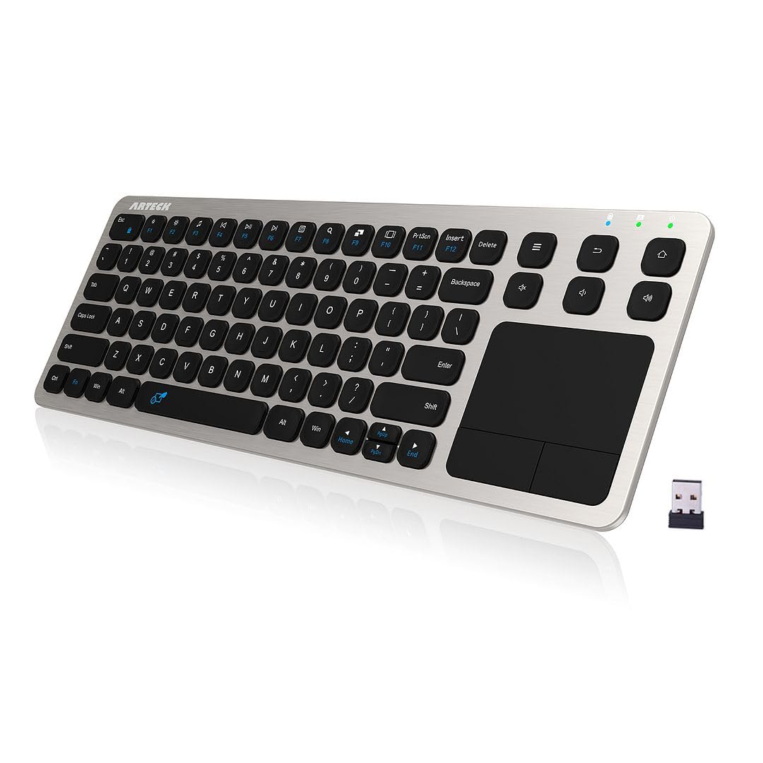 Arteck 2.4G Wireless Touch TV Keyboard with Easy Media Control and Built-in Touchpad Mouse Solid Stainless Ultra Compact Full Size Keyboard -Connected