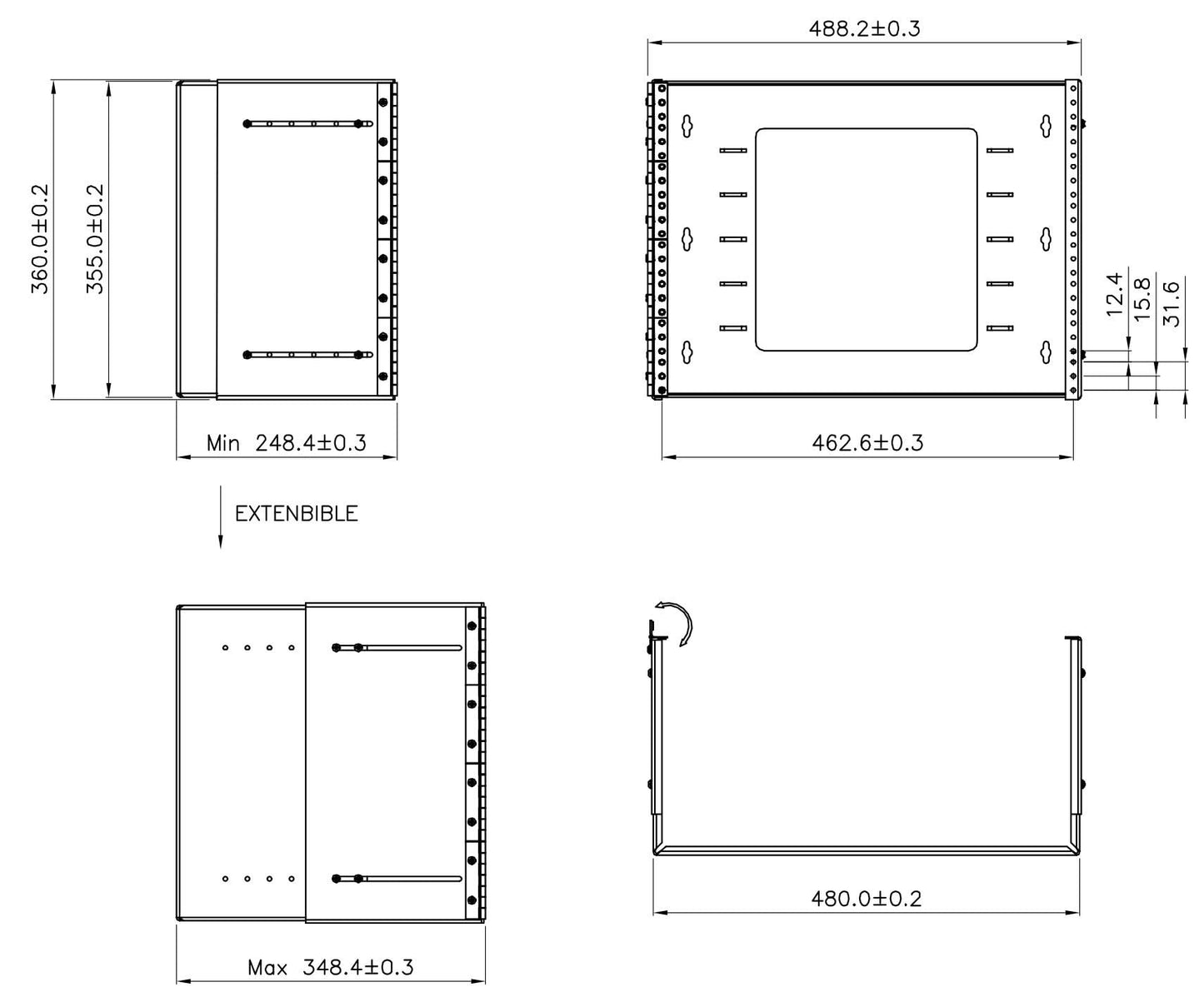 Installerparts 8U Hinged Extendable Wall Mount Bracket, Max 13.5" Depth - Made of Thick Steel