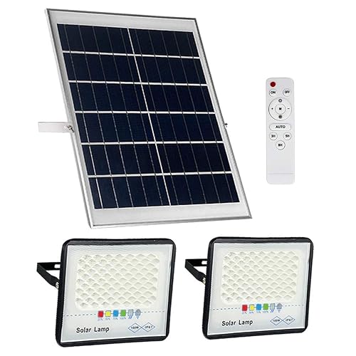 2 Pack 100W LED Solar Flood Lights Outdoor with Remote,Dusk to Dawn Solar Security Street Light Waterproof IP67 for Fence,Garden,Pool,Barn,Lawn,Flag