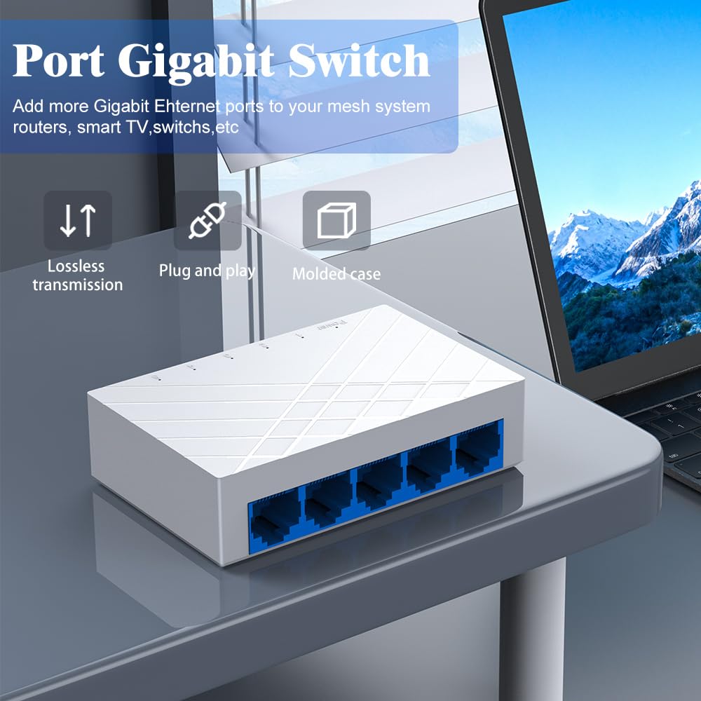 5 Port Gigabit Ethernet Switch Unmanaged - Desktop Network Switch with Plug & Play, Fanless Design for Home Office, Gaming, Streaming - Ethernet
