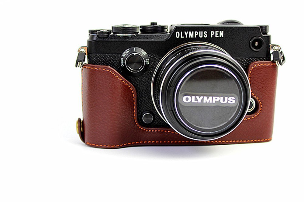PEN-F Case, BolinUS Handmade Genuine Real Leather Half Camera Case Bag Cover for Olympus PEN-F Bottom Opening Version + Hand Strap - Coffee