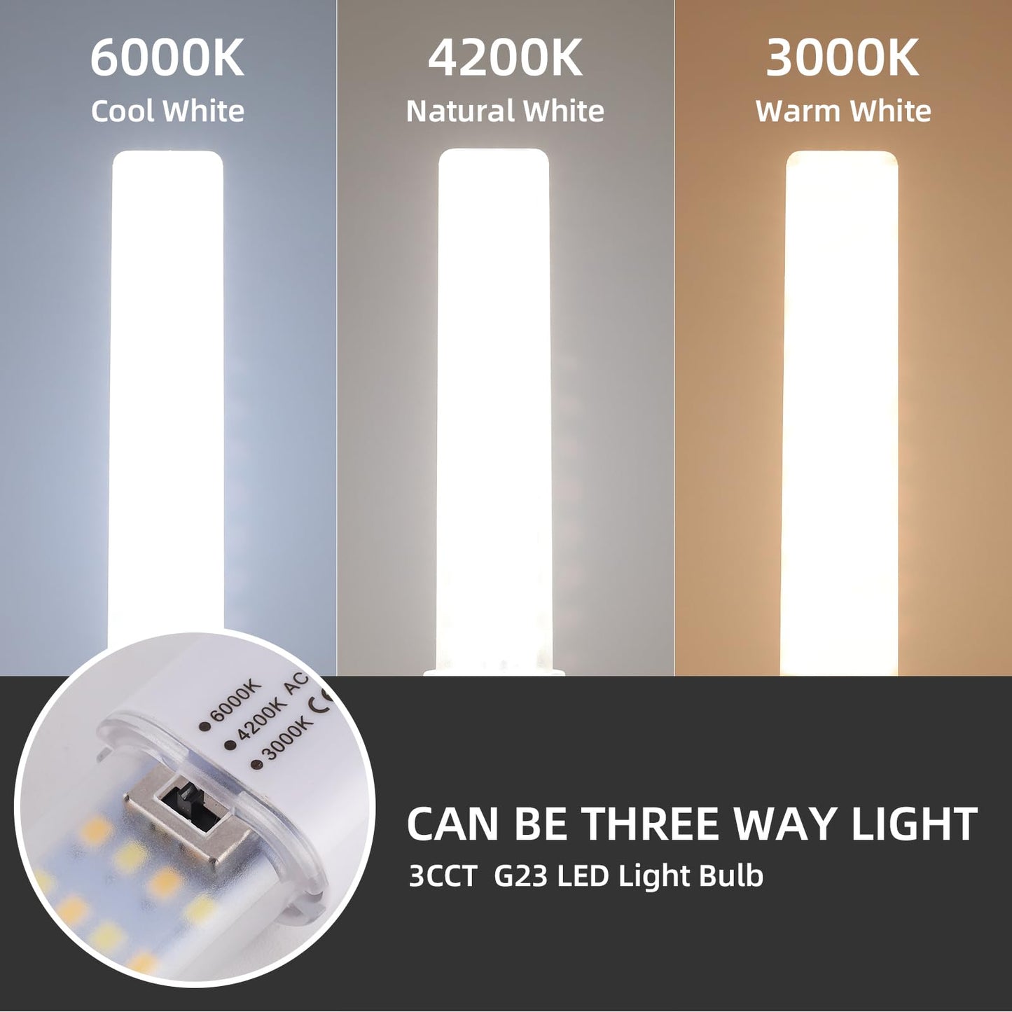 Lidesheng G23 LED Light Bulb 6W Replacement 13W CFL LED Stick PL Bulb G23-2 Pin Base, 3 Color Selectable 3000K/4200K/6000K 360° Beam Angle, Driven by