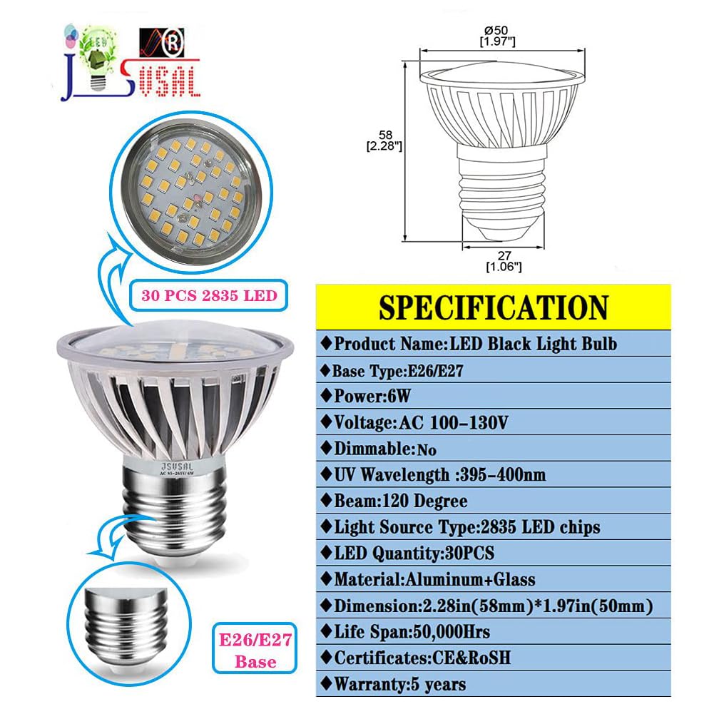 JSVSAL LED Black Light Bulb PAR16 E26 Base 120V,UVA Level 395-400nm,2-Pack