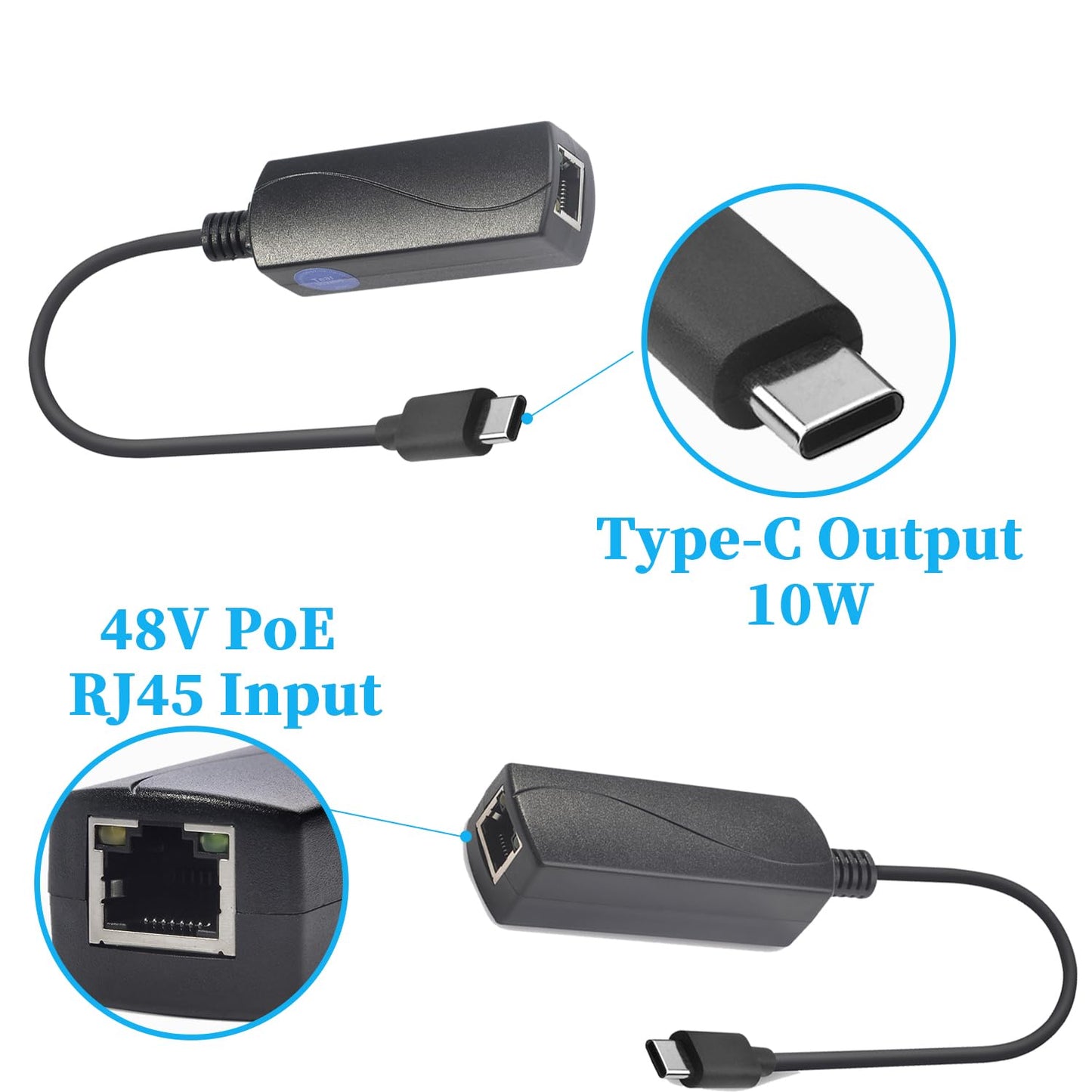 REVOTECH PoE to USB C Adapter Converter, Convert POE to Output 5V/2A Type-C with Ethernet, IEEE802.3af with 10/100Mbps, Wired Broadband and PD