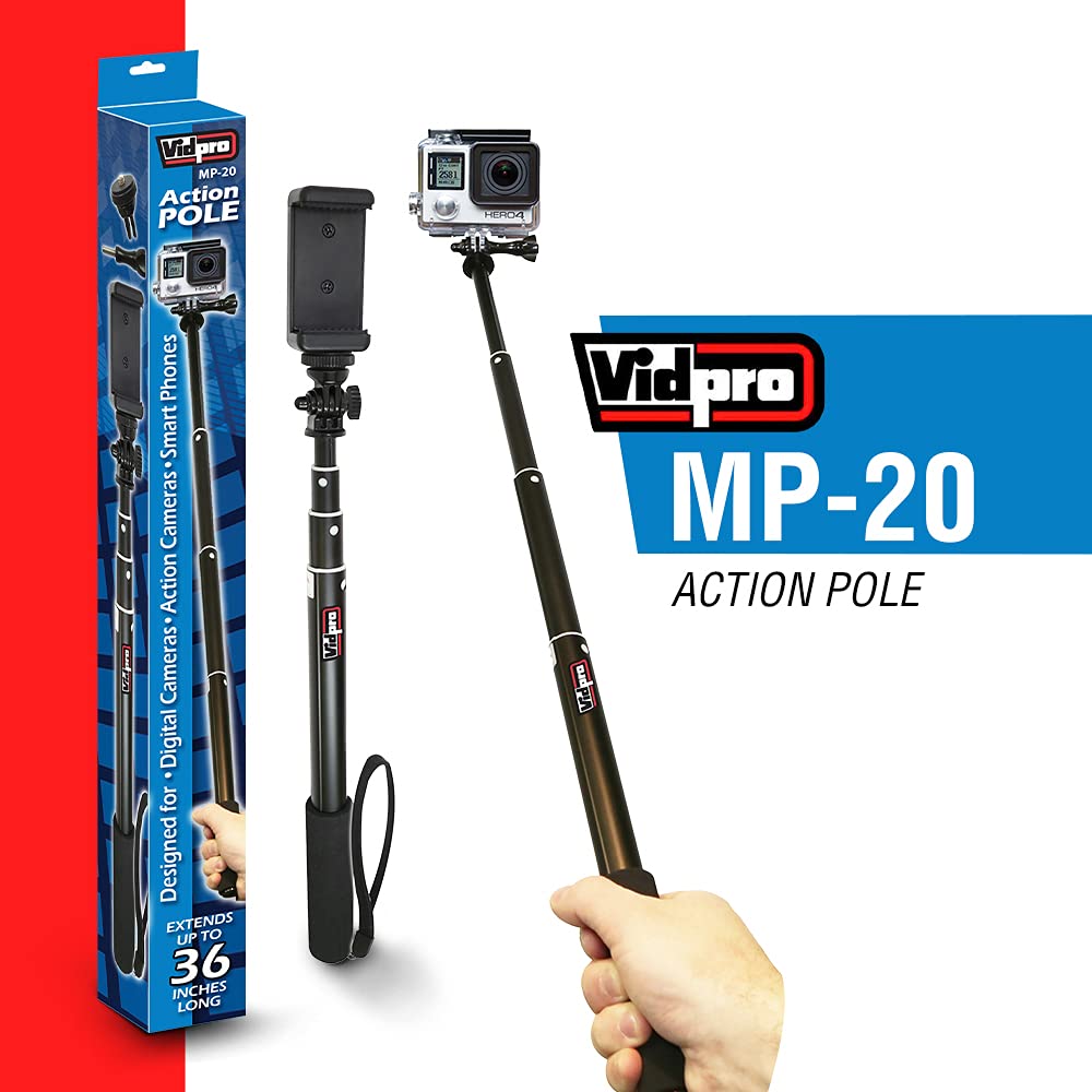Vidpro MP20 Action Pole Lightweight 36inch Extendable Aluminum Monopod Collapses down to 10 inches Includes Integrated Mount for GoPro Phone Clamp