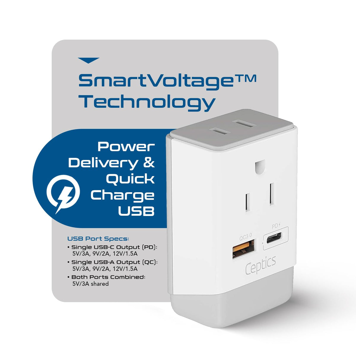 Ceptics UK Ireland Hong Kong Plug Adapter, International Power Plug with USB & USB-C - 2 USA Socket, QC 3.0 & PD - Type G Outlet Adapter for USA to British England Scotland London - Fast Charging