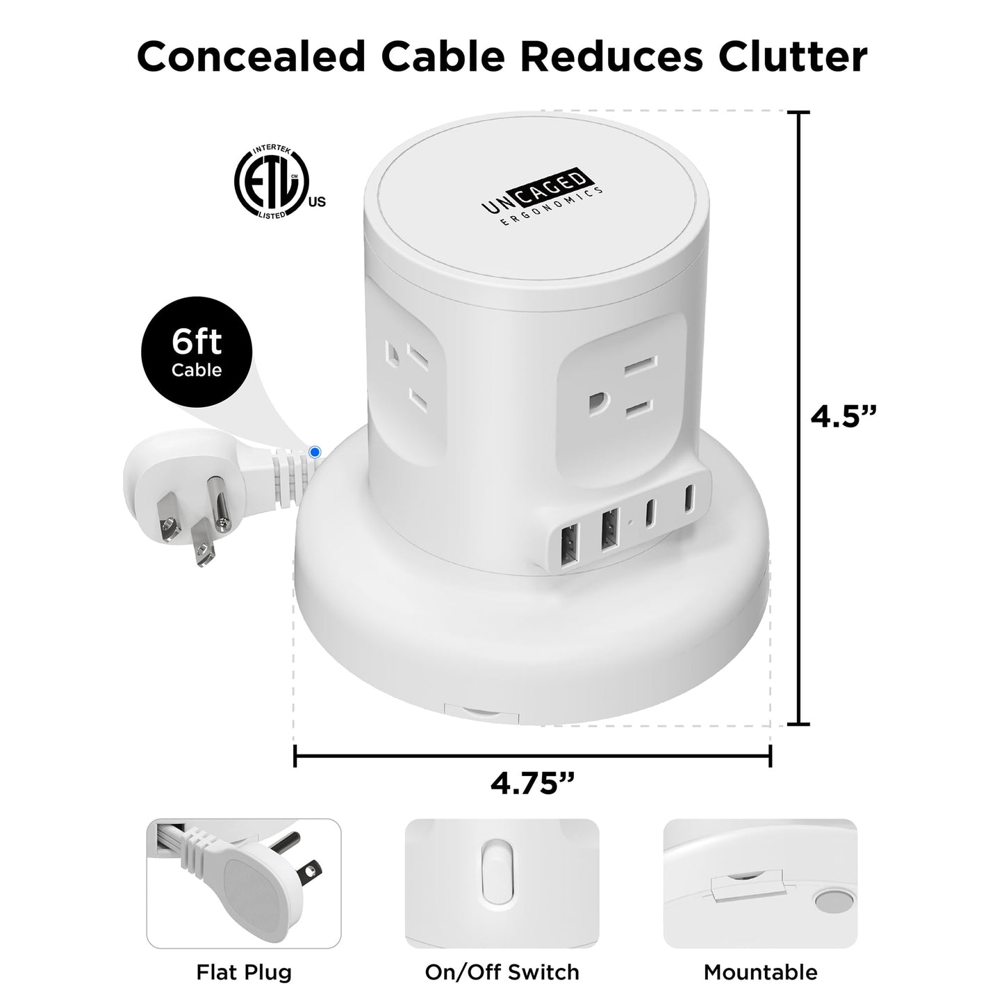 Uncaged Ergonomics Retractable Power Strip with USB Ports, Surge Protector with USB C Ports Fast Charging, Auto Retracting Cord Compact Desktop