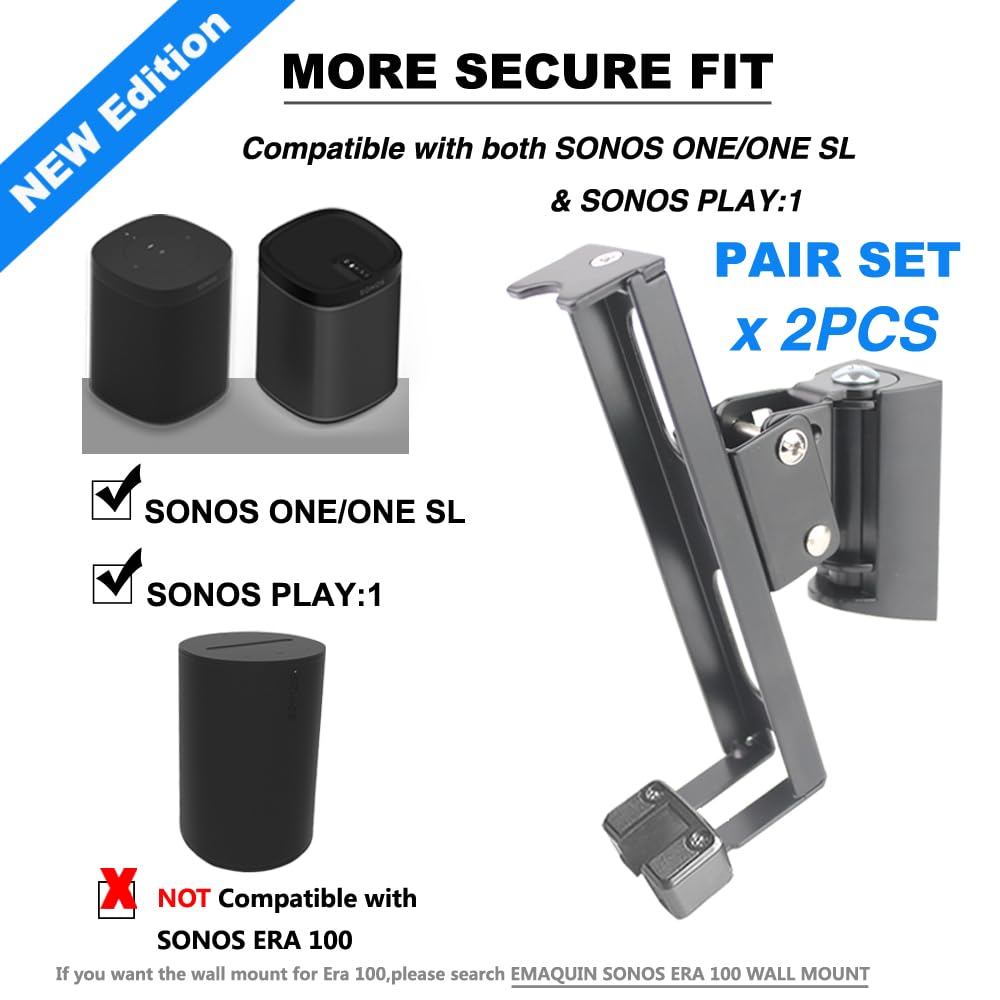 EMAQUIN Wall Mounts Brackets-Pair Set-2PCS for SONOS ONE/SONOS ONE SL/SONOS Play 1 Speaker (Include 2PCS,Swivel and Tilt,Compatible with Both SONOS