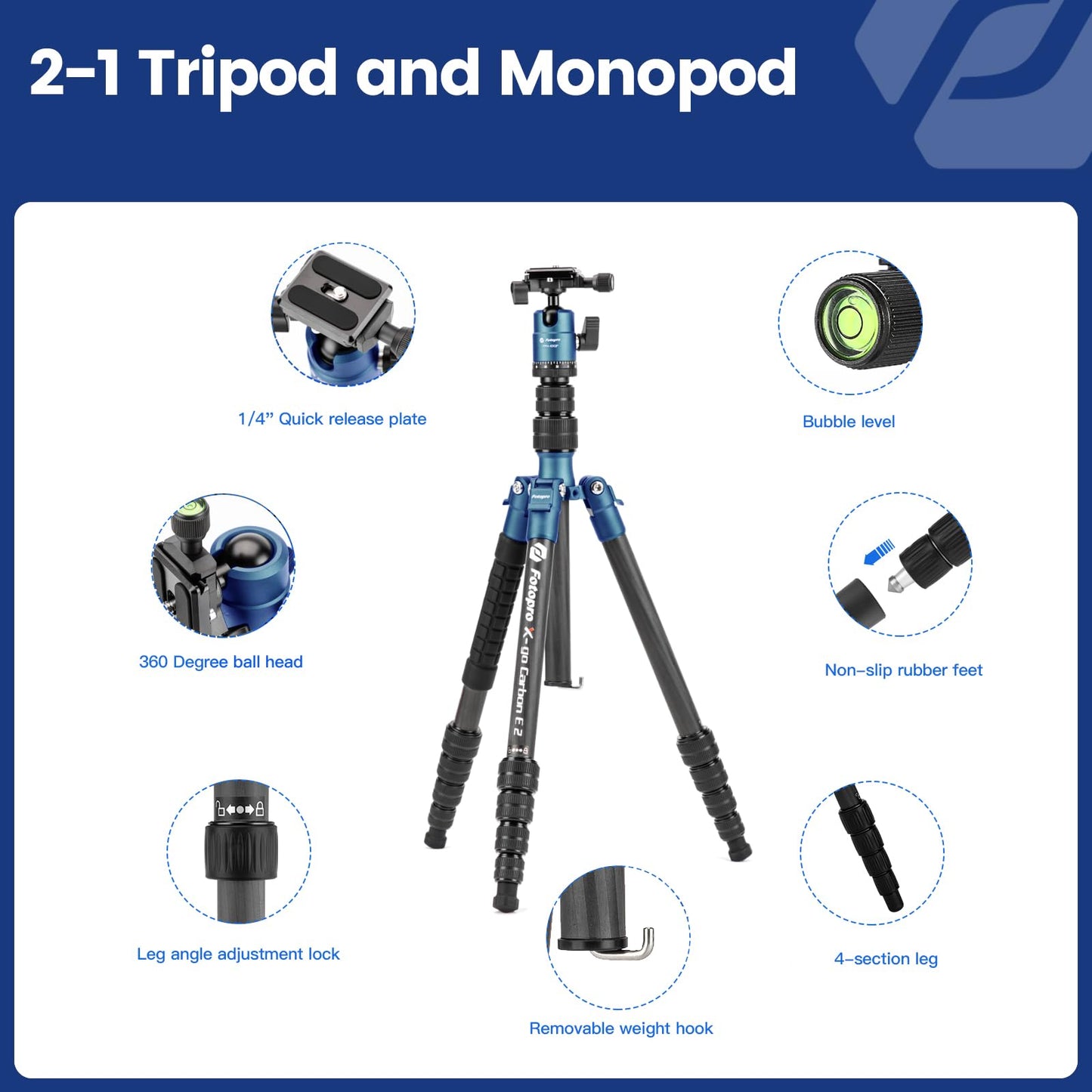 Fotopro 62" Carbon Fiber Travel Tripod, Compact Camera Tripod with Ball Head, Detachable Monopod with Arca-Swiss Quick Release Plate and Bag, Load up