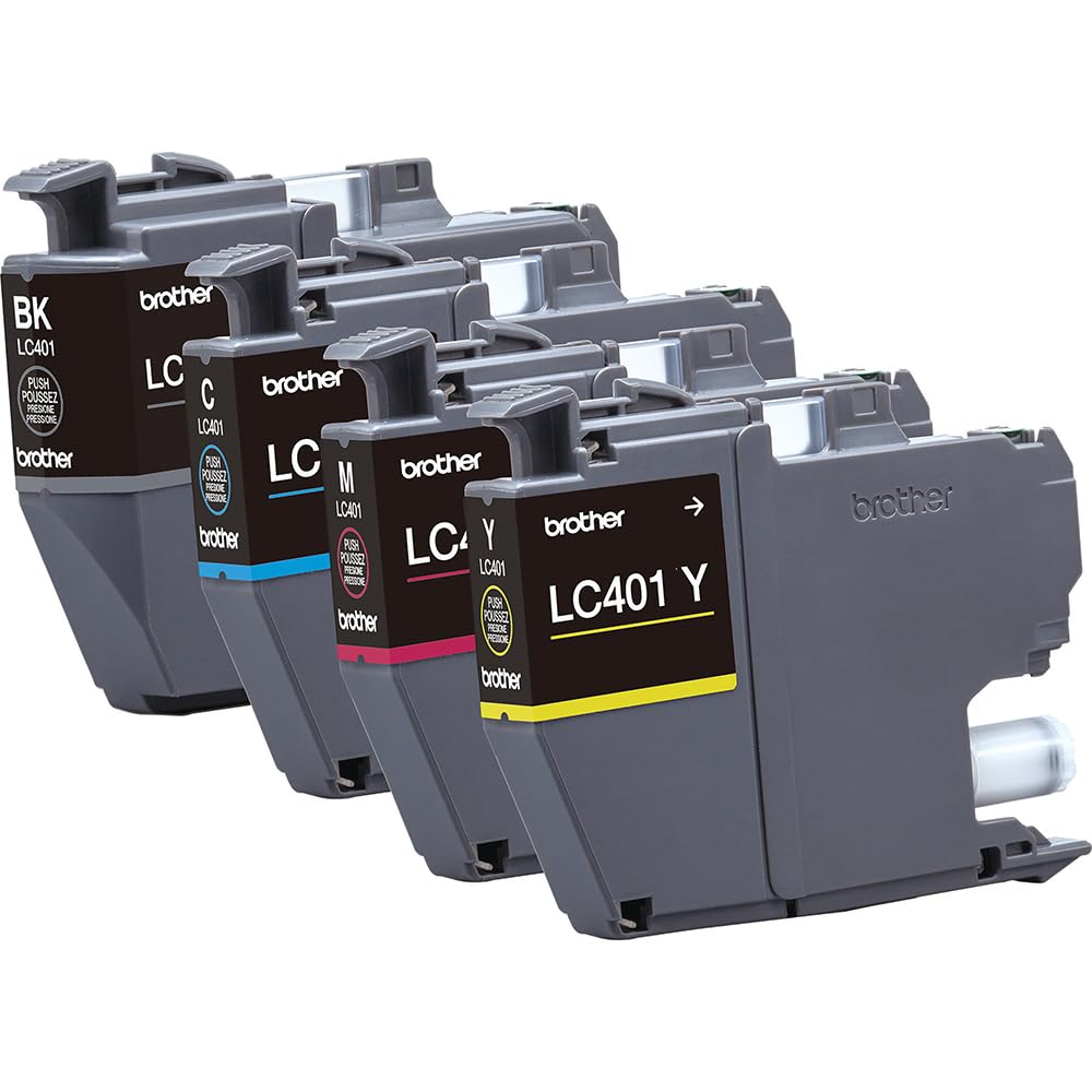 Brother Genuine LC401 4-Pack Color Standard Yield Ink Cartridge (Black, Cyan, Magenta, Yellow) Bundle with Deco Essentials Printer eBook
