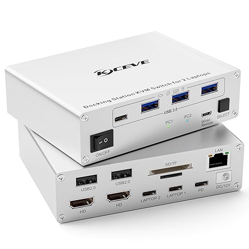 KCEVE 15-in-1 KVM Switch USB C Docking Station, USB 3.0 KVM Switch 2 Monitors 2 Laptops HDMI 4K@60Hz, 80W PD, 5Gbps, MST, Gigabit Ethernet, SD/TF