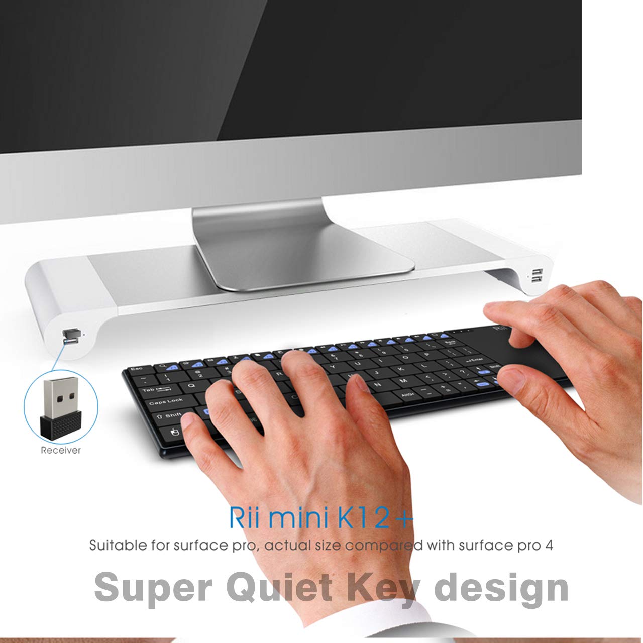 Rii K12+ Mini Wireless Keyboard with Large Touchpad Mouse&Qwerty Keypad, Stainless Steel Portable Wireless Keyboard with USB Receiver