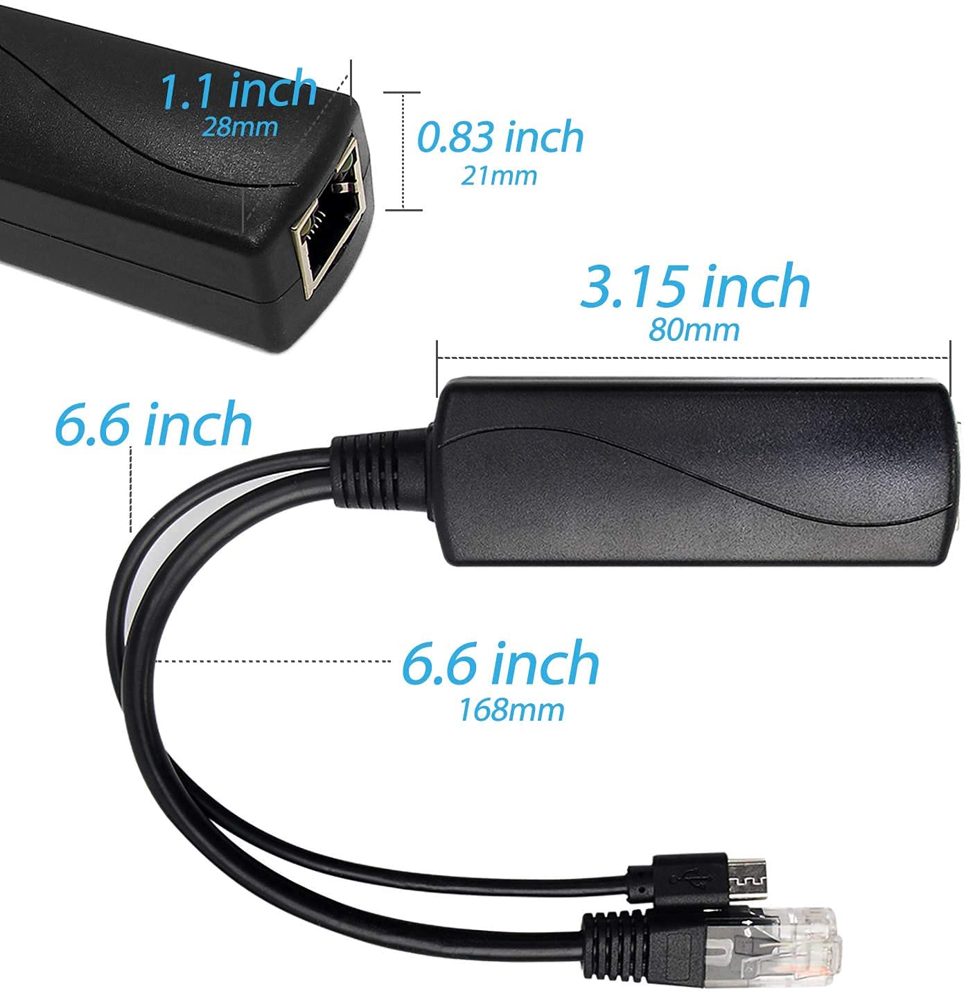 Revotech Micro USB PoE Splitter 5V 3A, IEEE 802.3af/at Standard 10/100Mbps for Raspberry Pi 3B, Tablets, Dropcam Power Over Ethernet USB Splitter