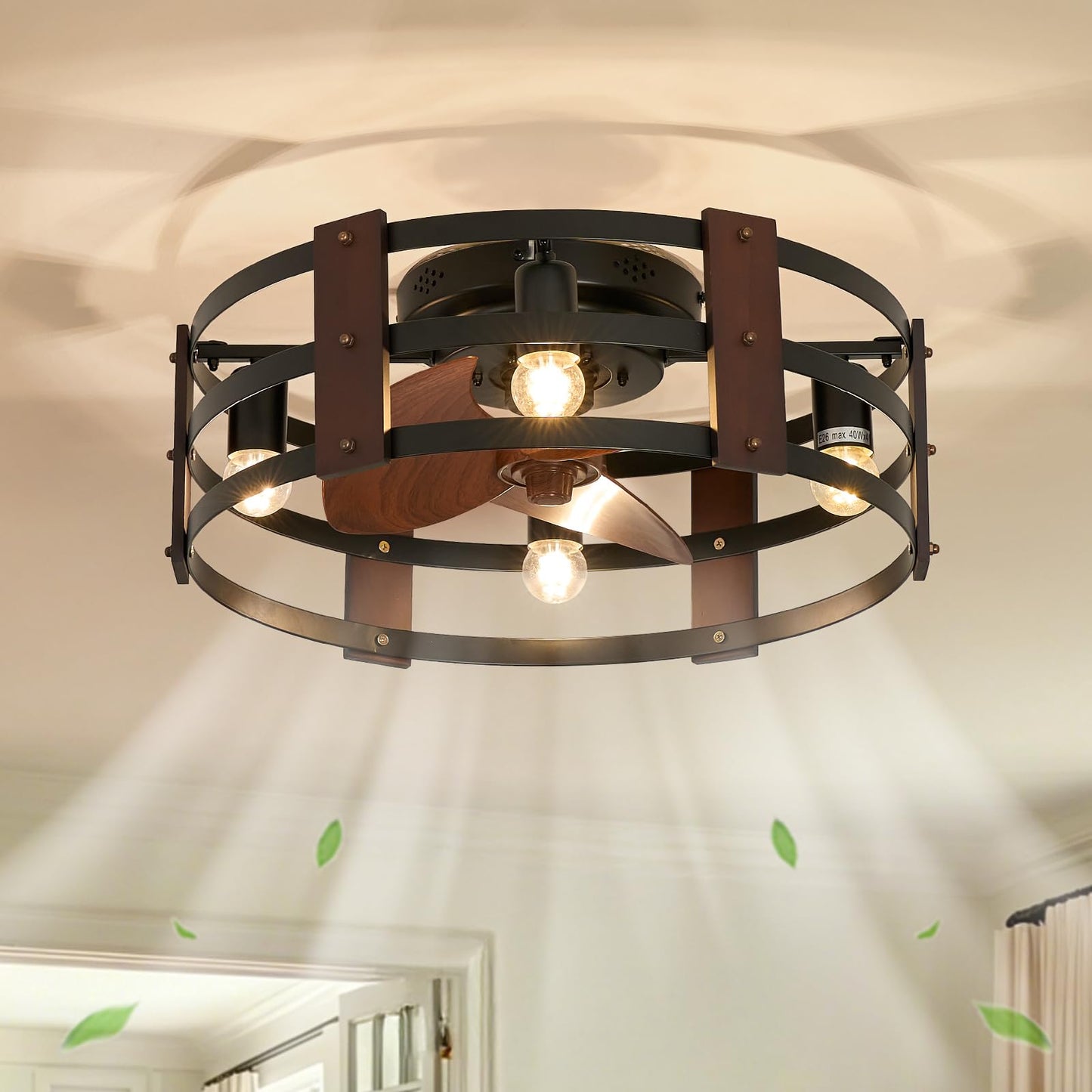 HSMKL Rustic Caged Bladeless Fandelier Farmhouse Ceiling Fan with Light, 19.7" Low Profile Wood Ceiling Fan, 6-Speed Reversible Quiet Motor, Remote