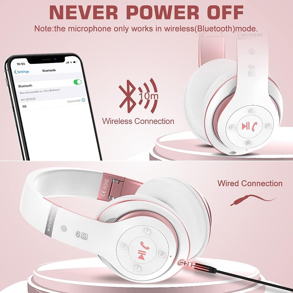 Prtukyt 6S Wireless Bluetooth Headphones Over Ear, Hi-Fi Stereo Foldable Wireless Stereo Headsets Earbuds with Built-in Mic, Volume Control, FM…