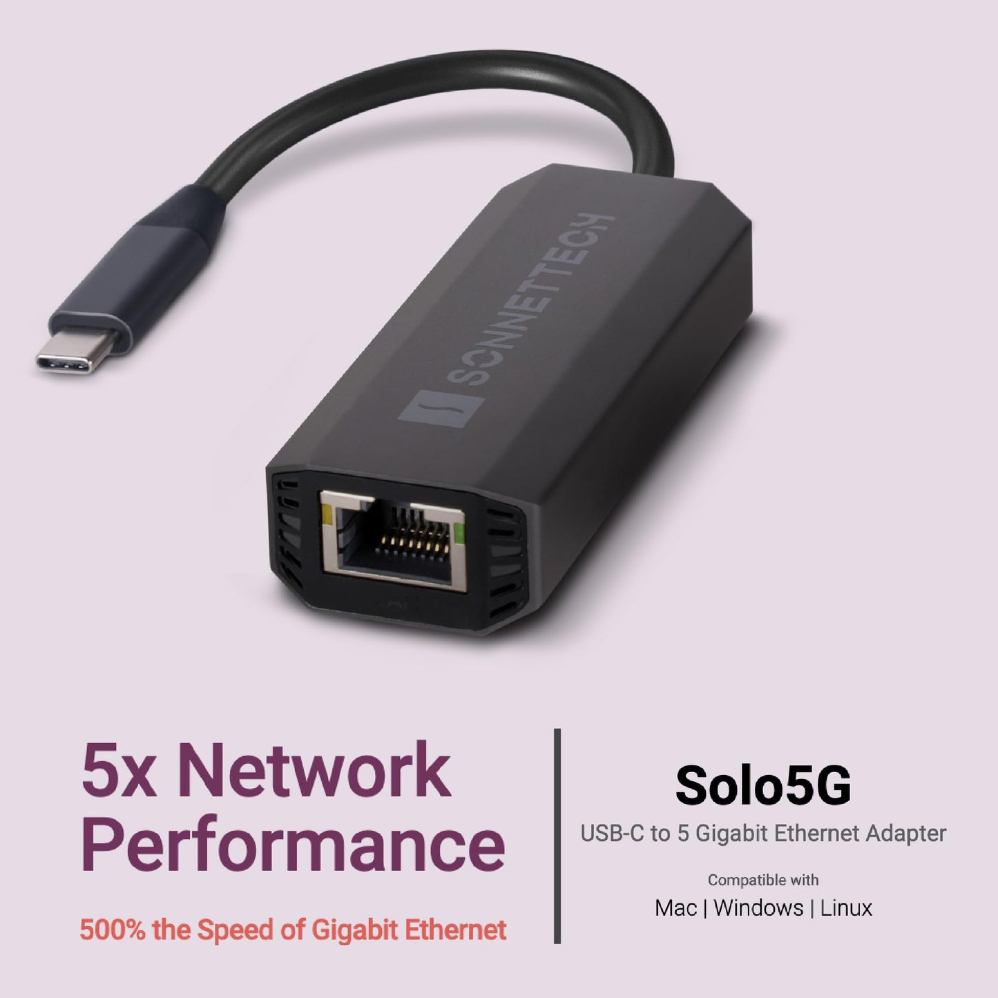 Sonnet Solo5G USB-C to 5 Gigabit Ethernet Adapter - RJ45 Supports 5Gbs, 2.5Gbps, 1Gbps, and 100Mbps, Plug-and-Play. Compatible with USB-C or