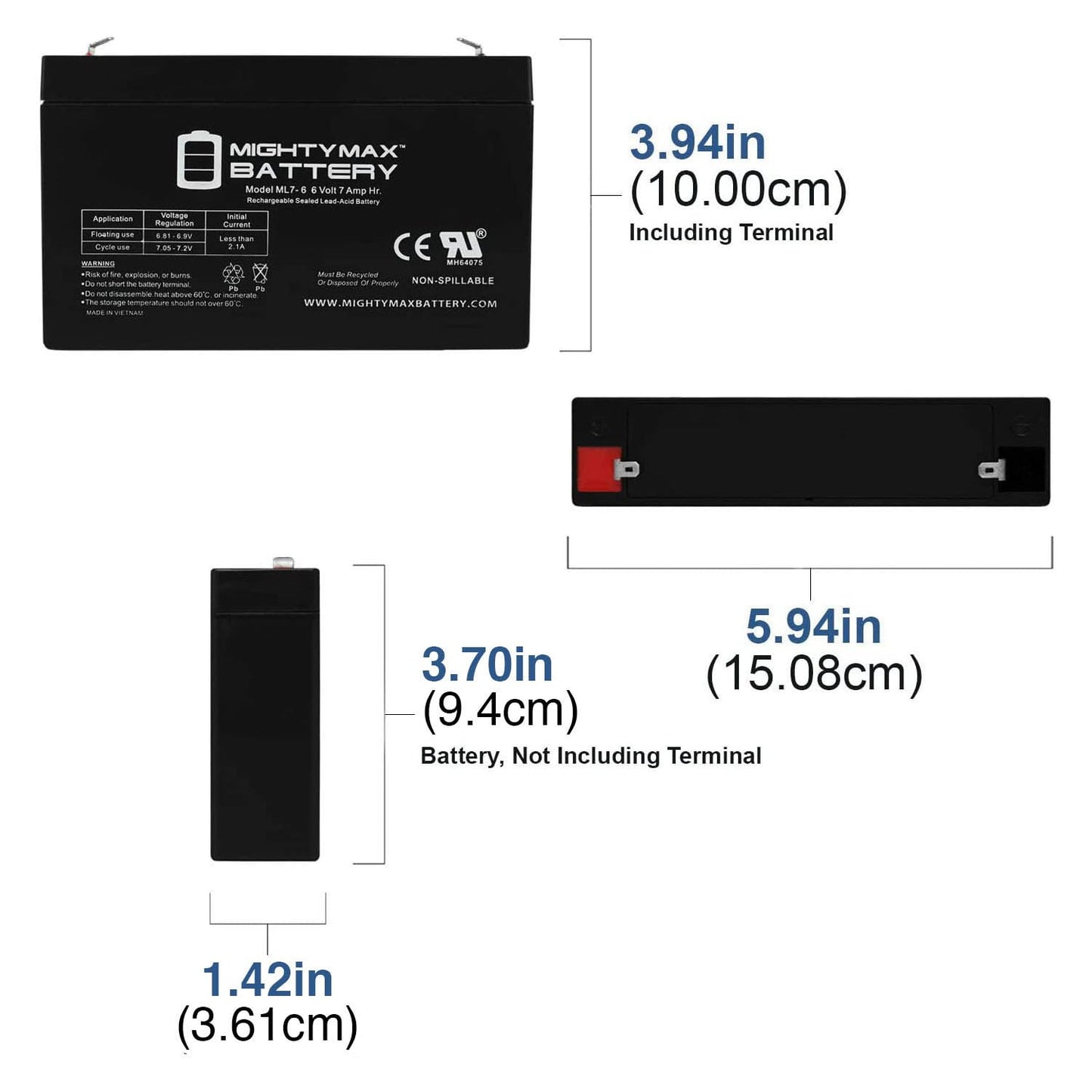 Mighty Max Battery ML7-6 - 6 Volt 7 AH, F1 Terminal, Rechargeable SLA AGM Battery, Mighy Max Product
