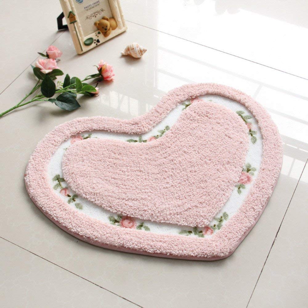 MOMIKA Pretty Floral Rose Heart Shape Bathroom Mat ,Super Soft Pink Shaggy Rug Floor Decoration Carpet,Great for Kitchen,Living Room,Toilet