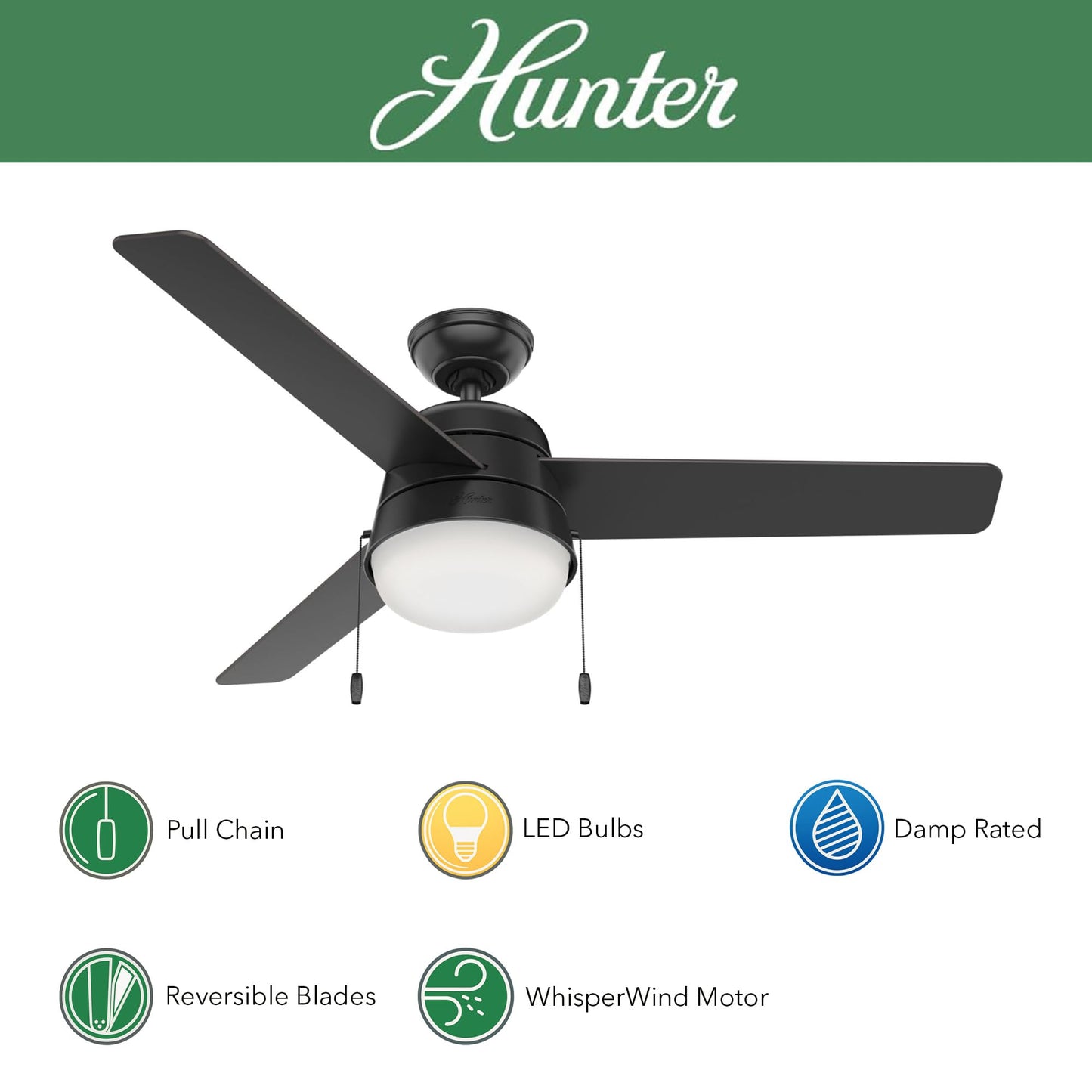 Hunter Fan 52 inch Ceiling Fan with Light, Outdoor or Indoor Black Ceiling Fan with Pull Chain for Porch, Living Room, Office, Kitchen, Garage, 3