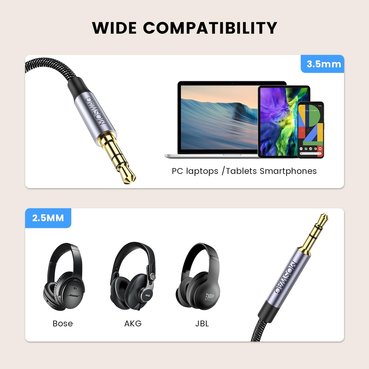 MOSWAG 3.5mm to 2.5mm Male Audio Cable Compatible with Bose 700 QuietComfort QC45 QC35II QC35 QC25 Noise Cancelling Headphones, JBL E45BT E55BT…