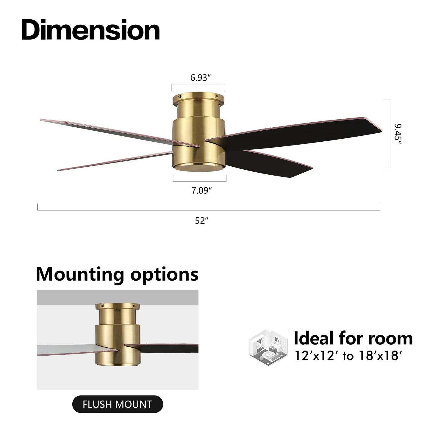 WINGBO 52" Flush Mount DC Ceiling Fan without Lights, 4 Reversible Blades, Ultra Quiet 6-Speed DC Motor, Hugger Low Profile Indoor Ceiling Fan No