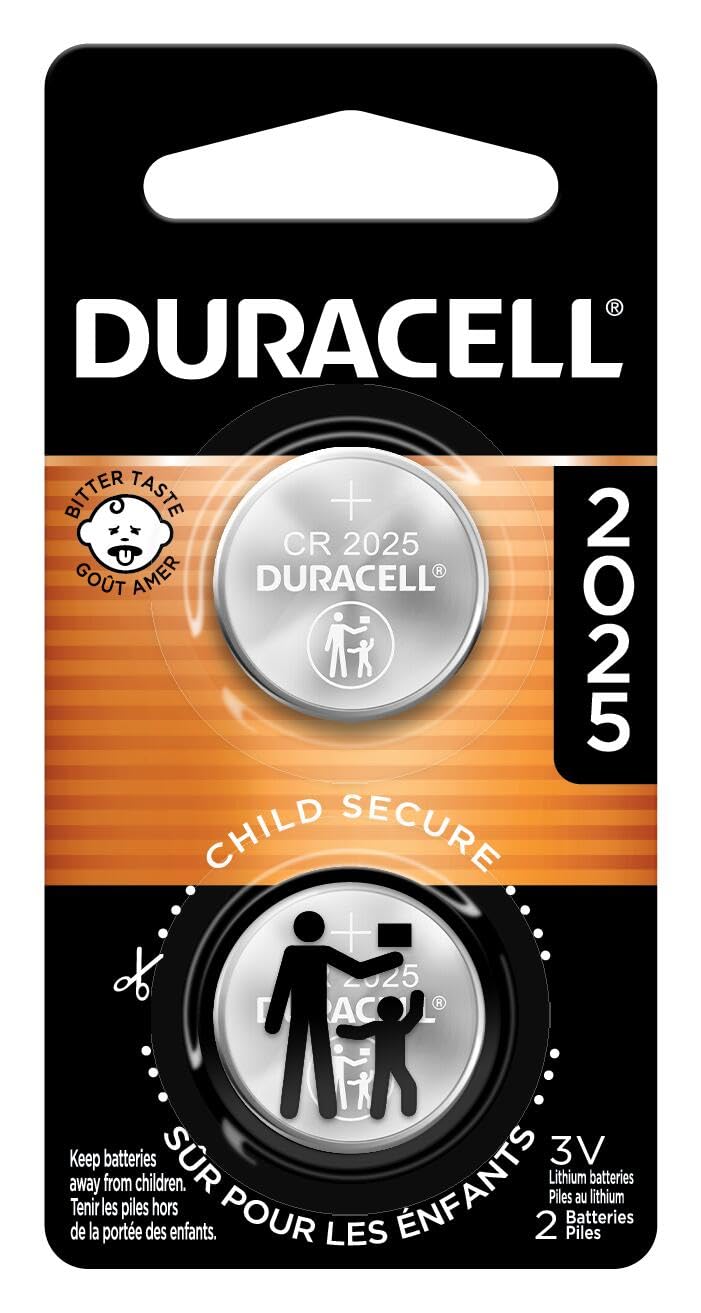 Duracell CR2025 3V Lithium Battery, Child Safety Features, 2 Count (Pack of 1), Lithium Coin Battery for Key Fob, Car Remote, 3 Volt Cell
