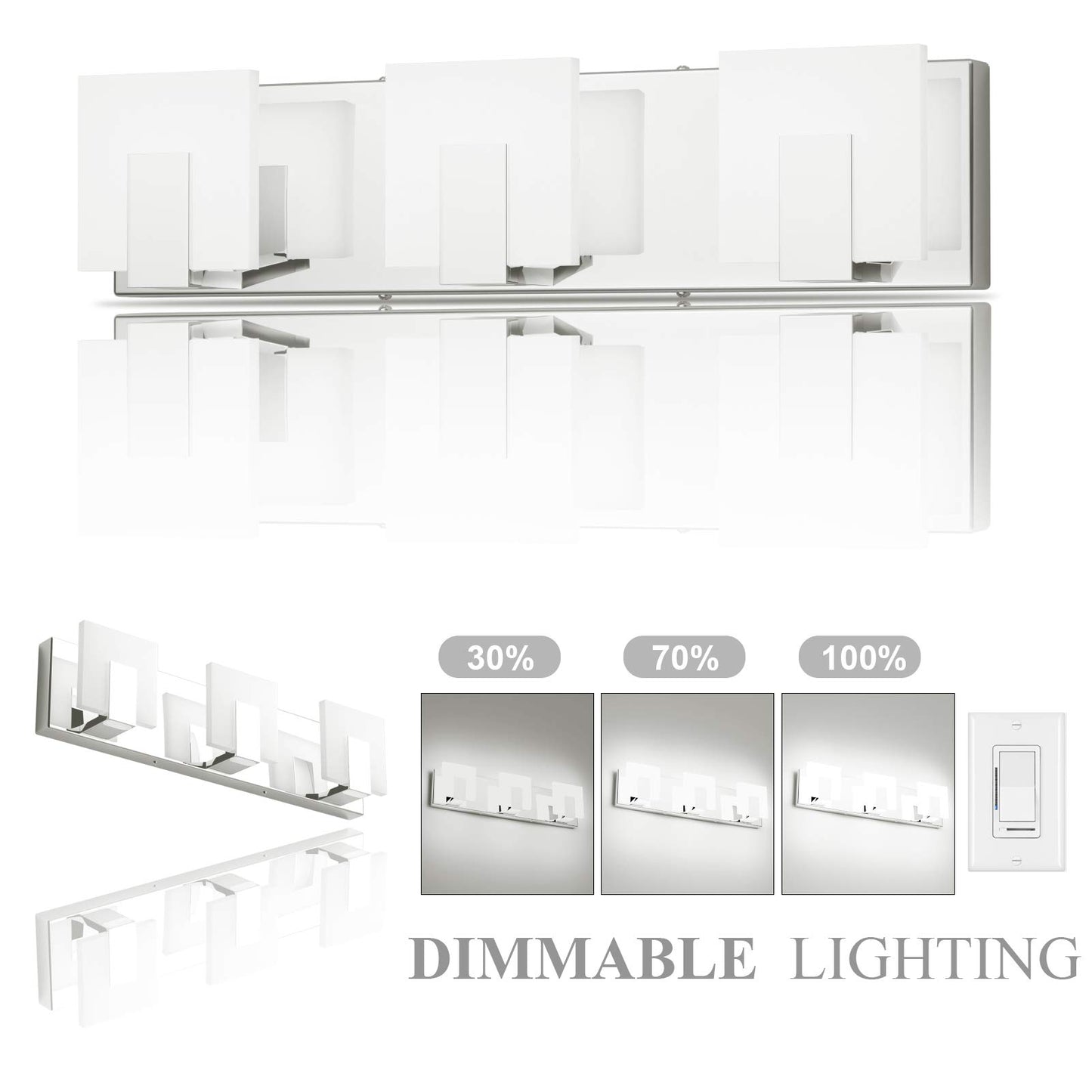 Aipsun 3 Lights Dimmable Modern LED Vanity Light for Bathroom Frosted White Acrylic Chrome Up and Down Bathroom Wall Light Fixtures Over Mirror(White