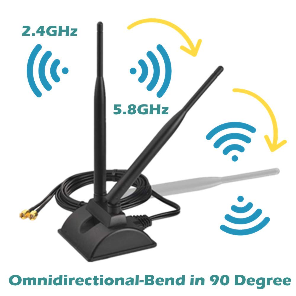TECHTOO WiFi Antenna Dual Band 2.4GHz - 5.8GHz with RP-SMA Connector Magnetic Base for Wireless Network Router - USB Adapter - PCI PCIe Cards - Signal