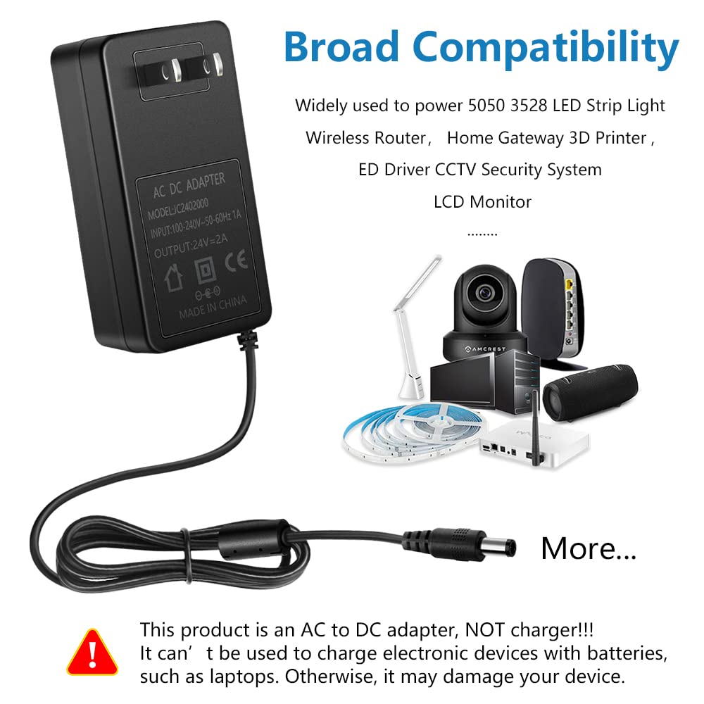 SHNITPWR 24V DC Power Supply Adapter 24 Volt 2A 48W AC to DC Converter Transformer 100~240V AC Input with 5.5x2.5mm DC Tip for 5050 3528 LED Strip 3D…