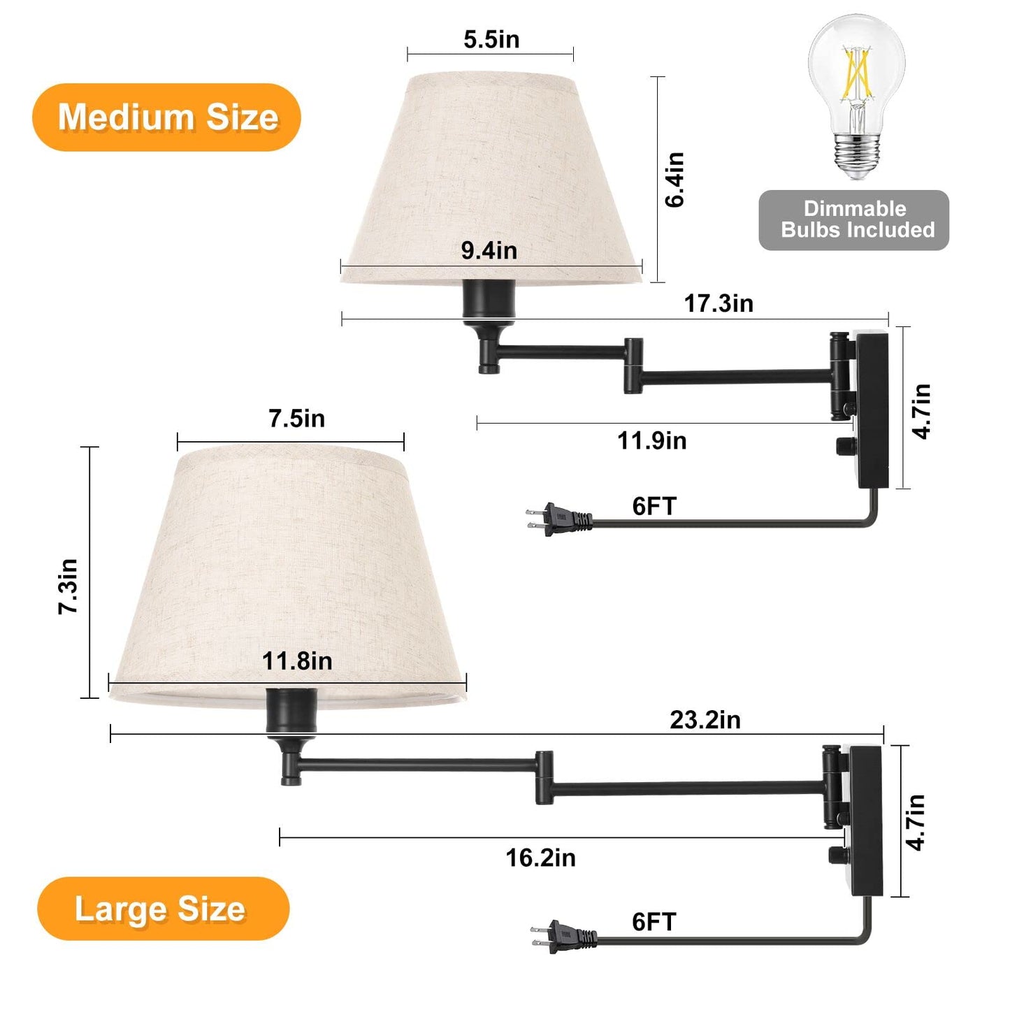 TRLIFE Dimmable Wall Sconce Plug in, Wall Sconces Set of Two Swing Arm Wall Lights with Plug in Cord and On/Off Dimmer Rotary Switch, 11.8" Large