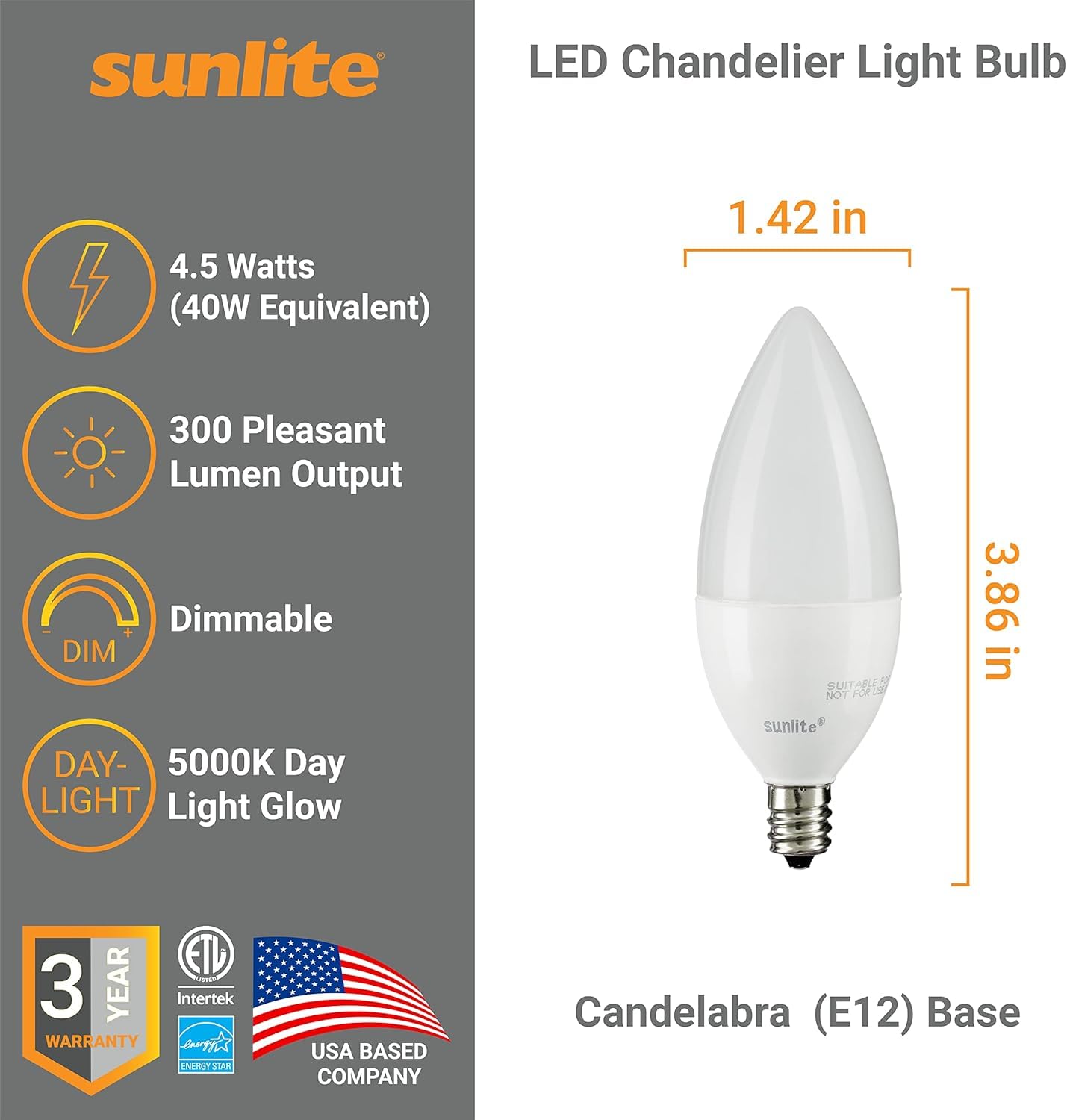 Sunlite LED B11 Frosted Torpedo Tip Chandelier Light Bulb, 4.5 Watts (40W Equivalent) 300 Lumens, Candelabra E12 Base, Dimmable, ETL Certified, 5000K