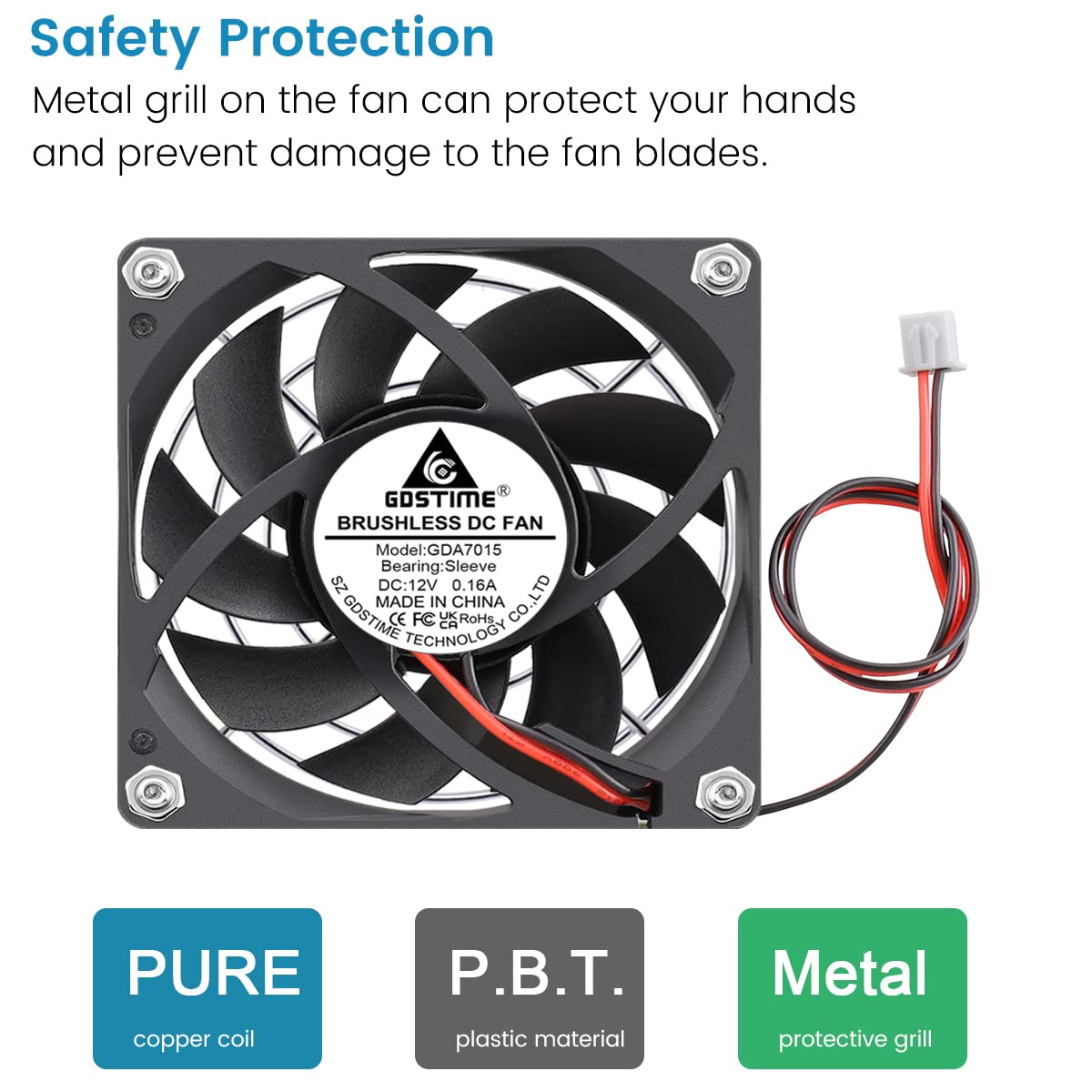 GDSTIME 70mm x 70mm x 15mm 12v Brushless DC Cooling Fan 2Pin 2-Pack