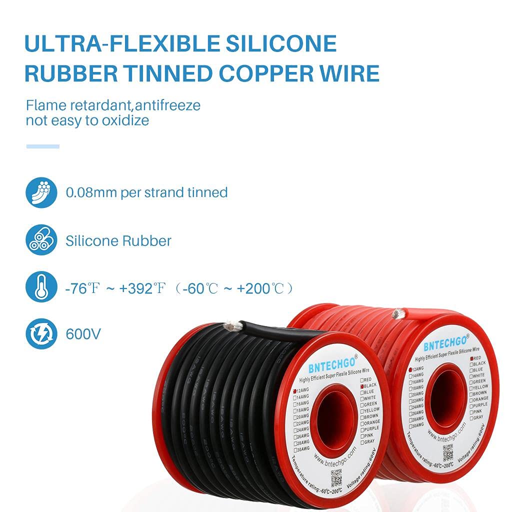 BNTECHGO 12 Gauge Silicone Wire Spool red and Black Each 25ft Flexible 12 AWG Stranded Tinned Copper Wire