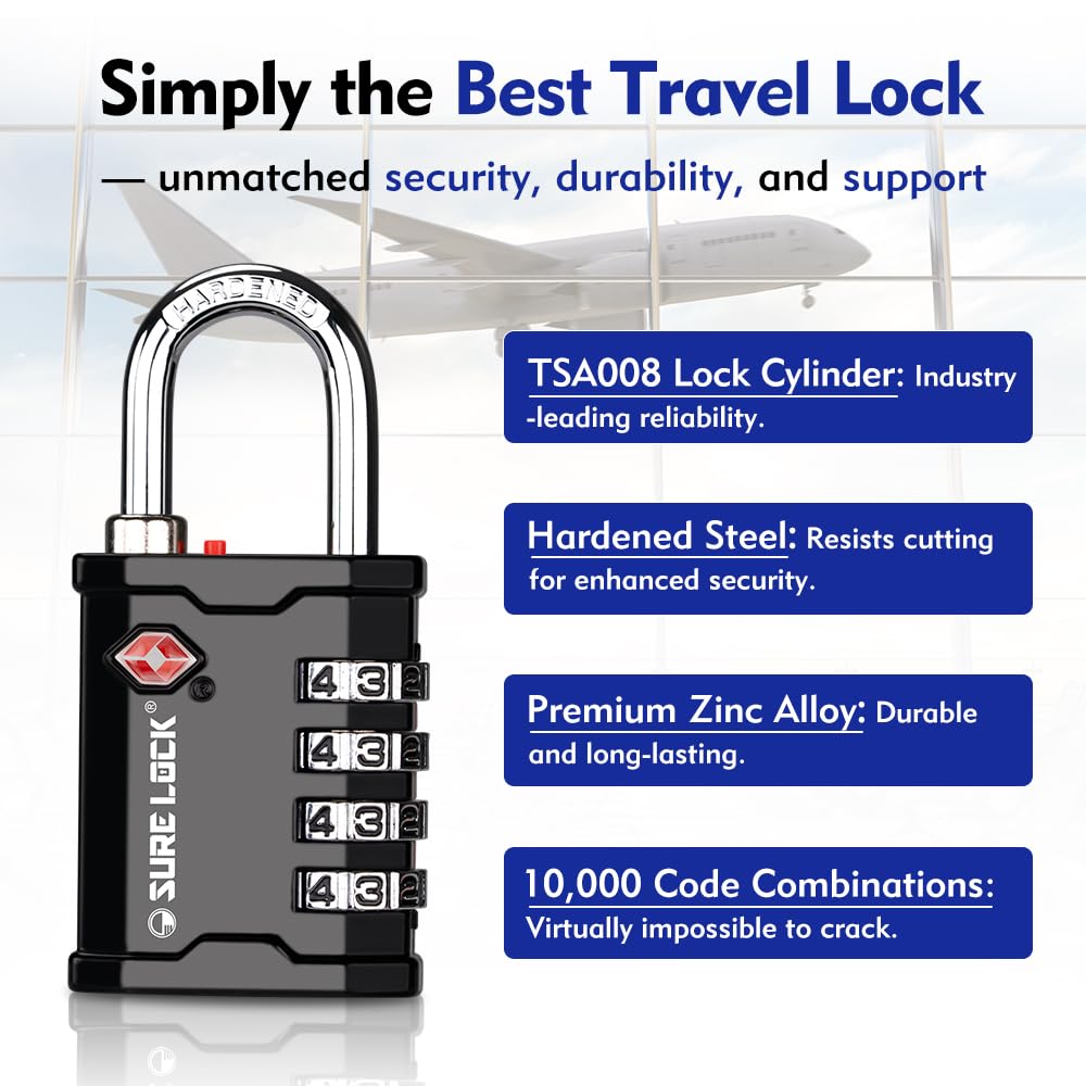 SURE LOCK TSA Accepted Heavy Duty Combination Padlocks 2 Pack – Travel Locks for Gun Cases, Equipment, Trade Shows, Music & Medical (Black)