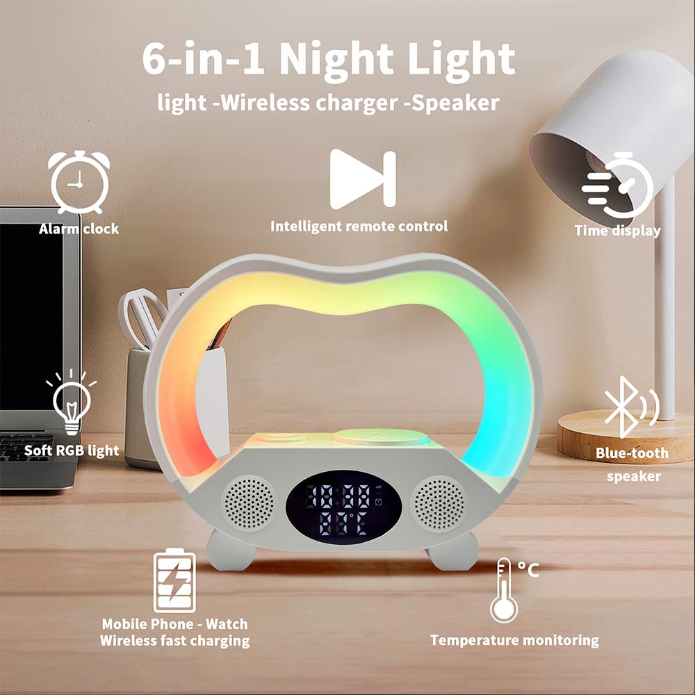 IHAO 6in1 Wireless Charging Station with Bluetooth Speaker Time&Temperature Display Alarm Clock 7-Color LED Night Lights Fast Charger for Phone, Apple
