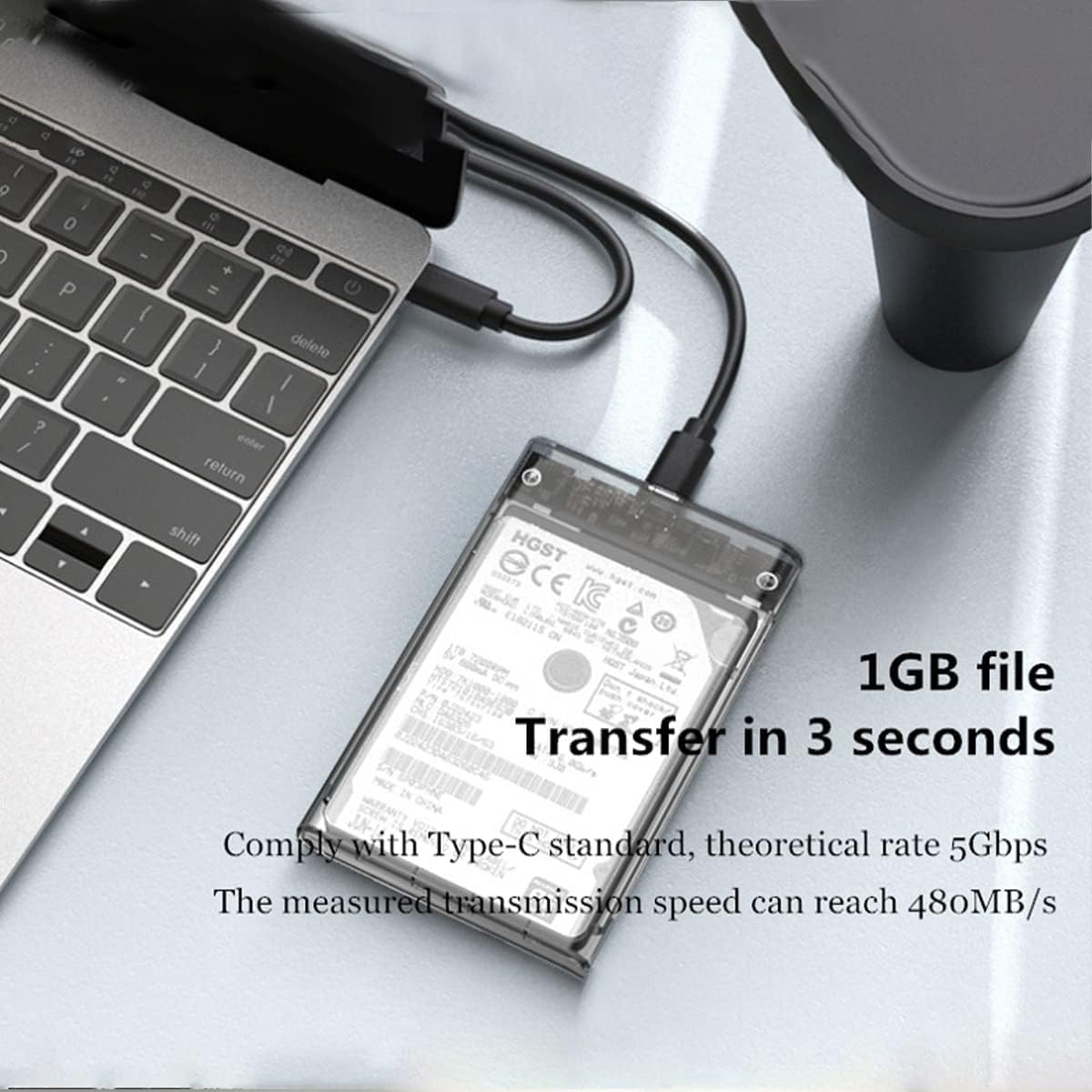 Reletech 2.5” Type-C External Hard Drive Enclosure USB C 3.1 Gen2 6Gbps to SATA III 7/9.5mm External HDD/SSD Case Tool Free Support UASP Up to 4TB