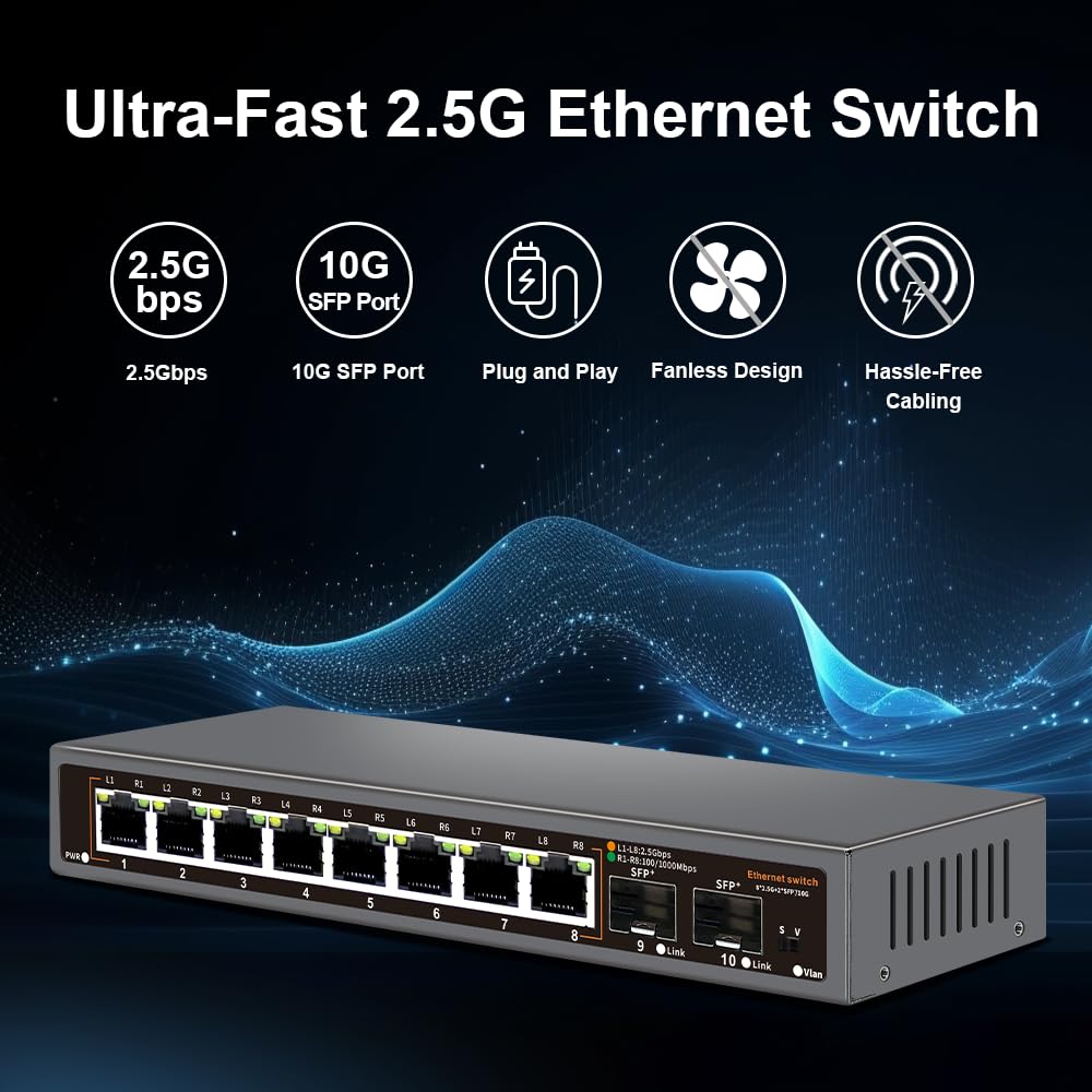 Davuaz 8-Port 2.5G Unmanaged Ethernet Switch, 8×2.5G Base-T Ports, 2×10G SFP+ Uplink, Supports 100/1000/2500Mbps, Fanless Metal Casing, Plug & Play