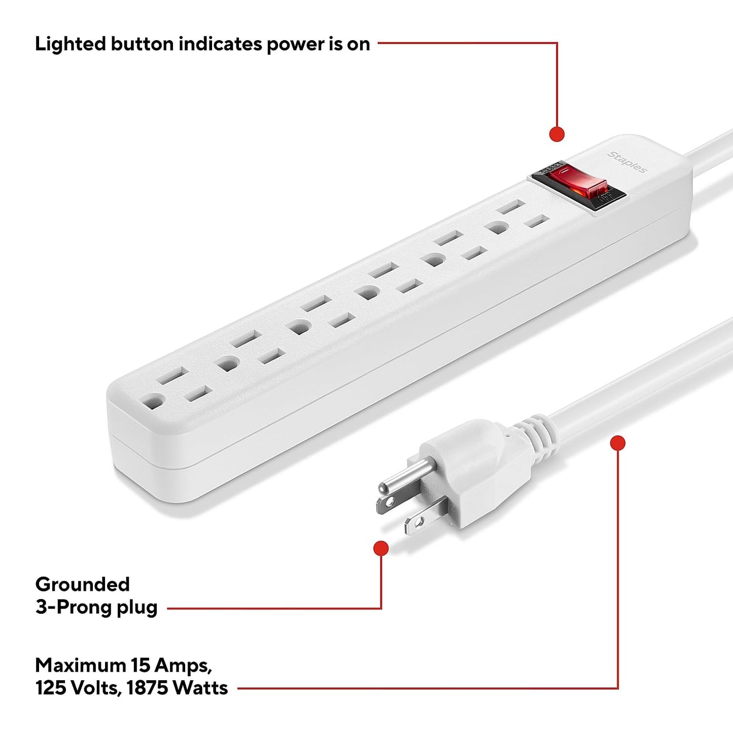 Staples TECH 6?Outlet Power Strip - 3 ft. Extension Cord for Home, Office & Dorm Room Use, White, 3?Pack