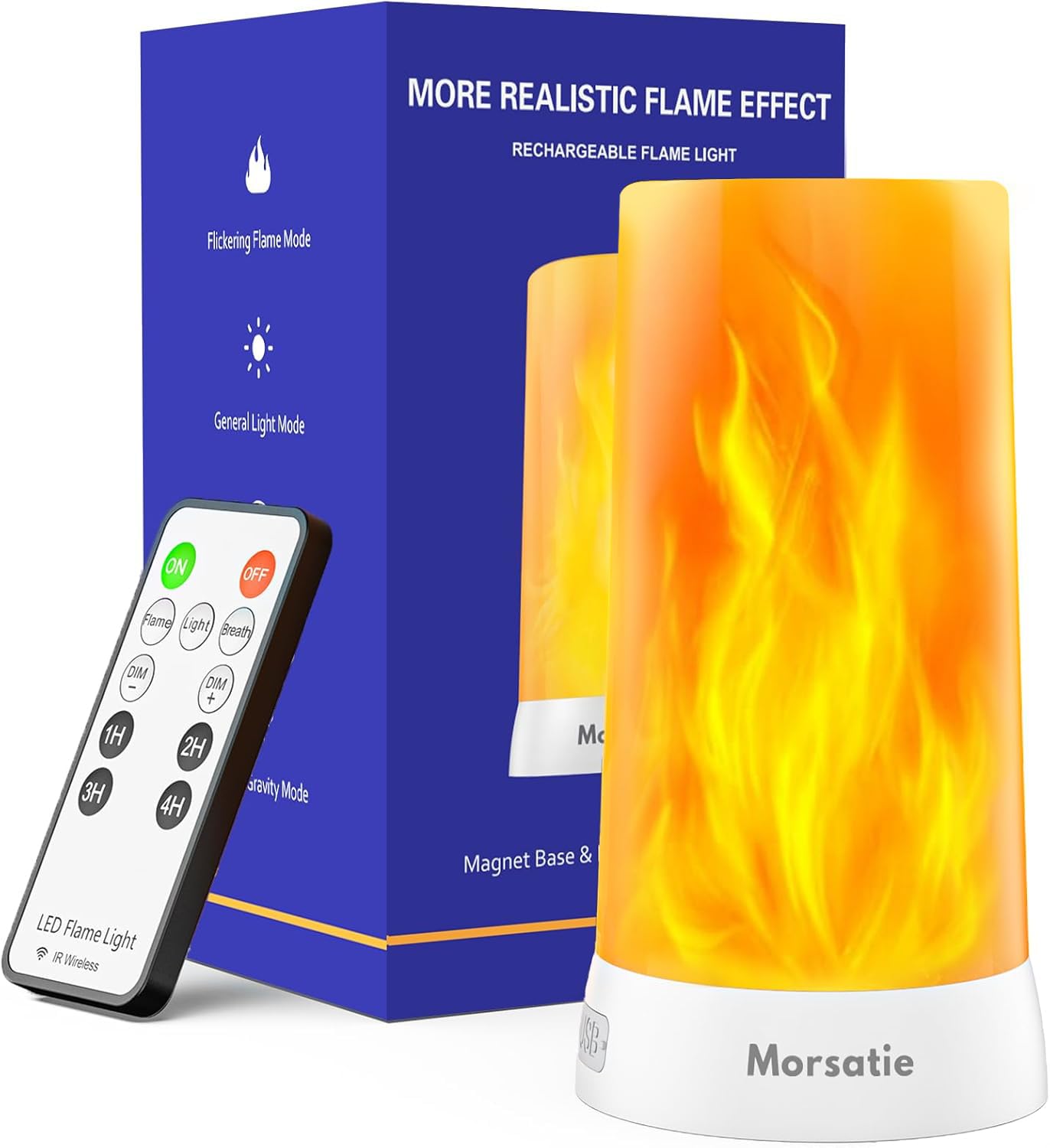 Morsatie Upgraded LED Flame Light with Upside Down Effect, Remote Timer & 4 Modes, Rechargeable Battery Operated Waterproof Flameless Candles