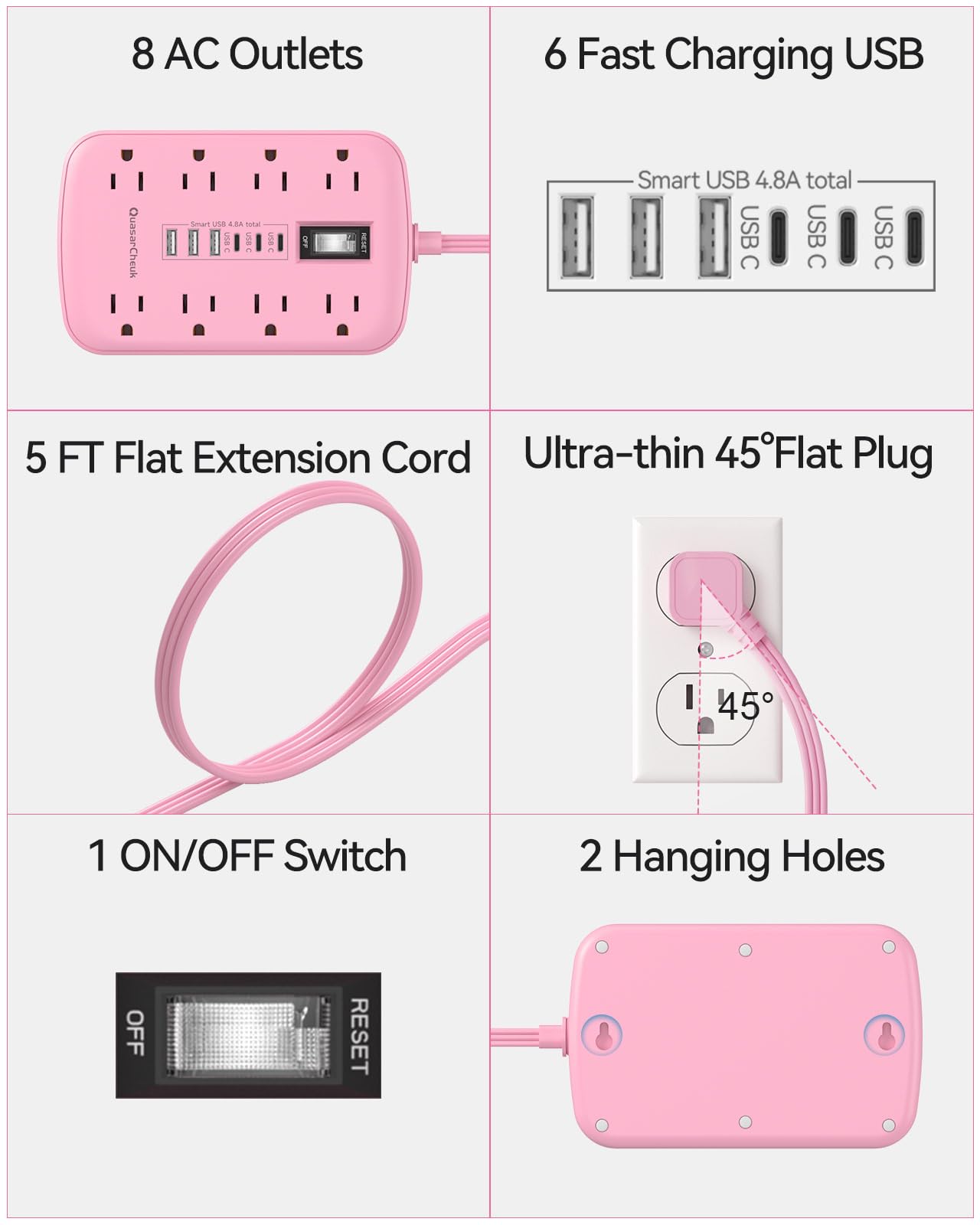 Pink Extension Cord with Surge Protector - 5 FT Kawaii Power Strip, Cute Extension Cord with 6 USB(3 USB C) and 8 Outlets, Pink Desk Accessories
