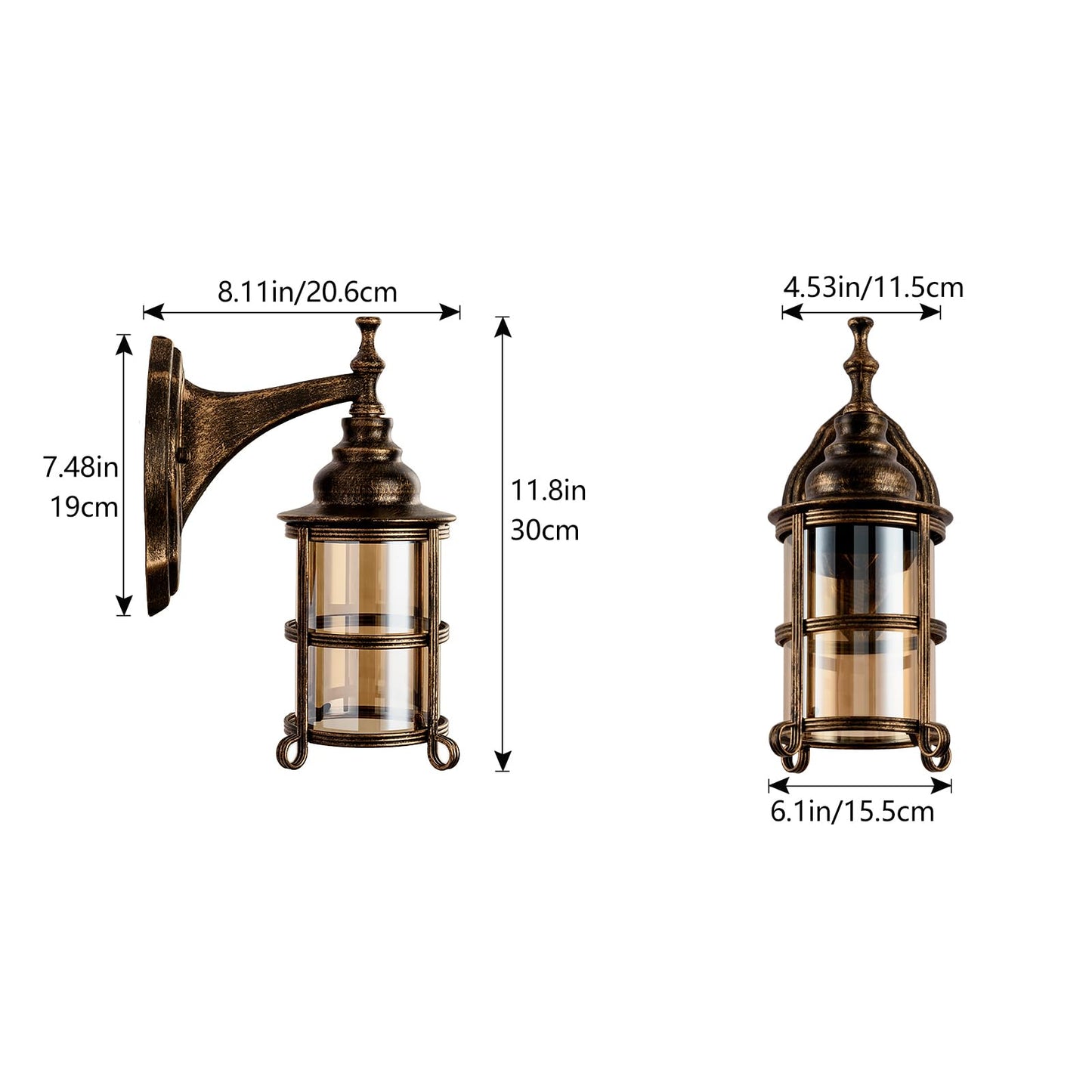 Plfann Rustic Amber Glass Wall Sconce 2-Pack, Bronze Brushed, Industrial Farmhouse Lamp Porch Lighting Waterproof Retro Lamp for Indoor Bedroom Living