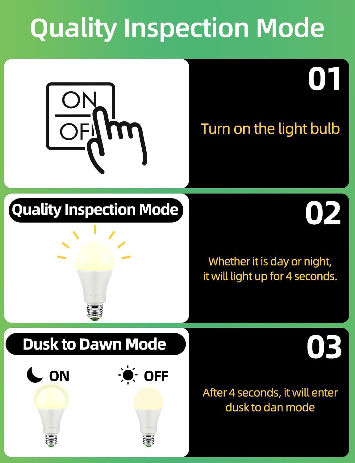HEKEE Dusk to Dawn Sensor Light Bulbs LED A19 900 Lumens, Outdoor Porch Lights, 60 Watt Equivalent, Warm White 2700K Soft White Security Bulb(Auto