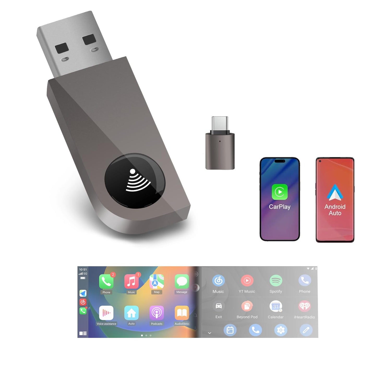 Pyniro 2 in 1 Wireless CarPlay Adapter, Android Auto Plug&Play CarPlay Dongle Converts Wired to Wireless with USB&USB-C/Type-C, Fast Auto-Connect