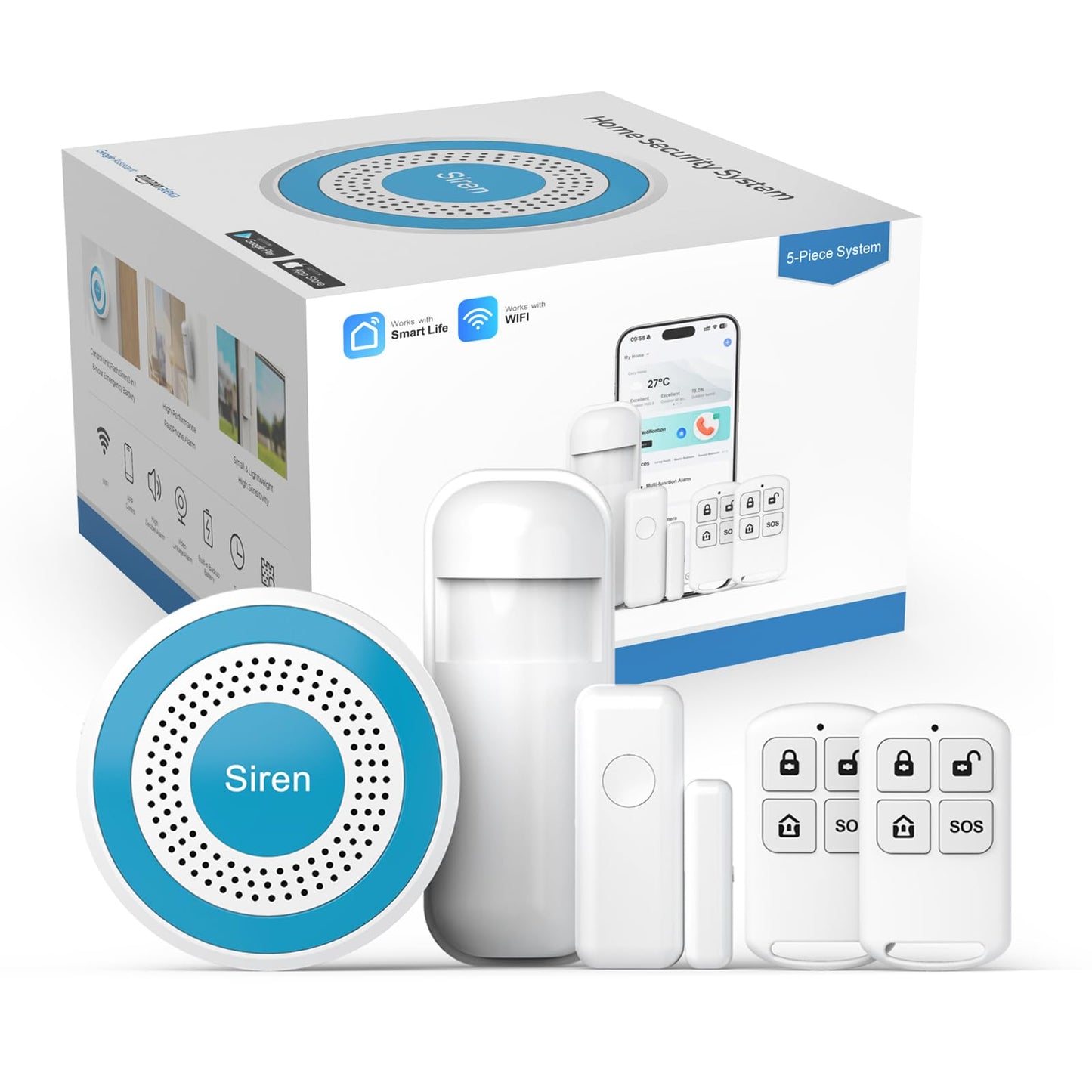 PGST Wireless Alarm System,Smart Home Security System with Tuya App Alerts,5 Pieces Door Alarms Kits Siren Hub with Door/Motion Sensors,Remote,Easy