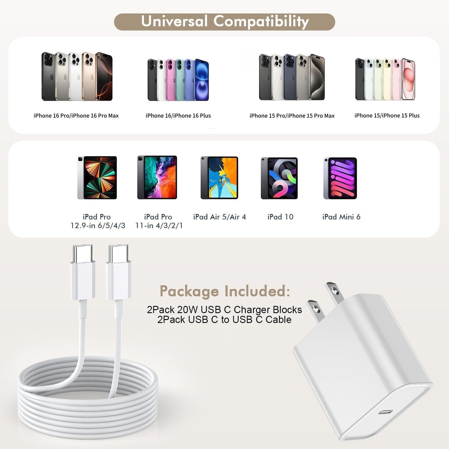 10Foot Fast iPhone Charging Cable,2Pack Super Fast iPhone USB C Wall Charger Block with 10FT USB C-C Charging Cable Type C Apple Adapter for i Phone…